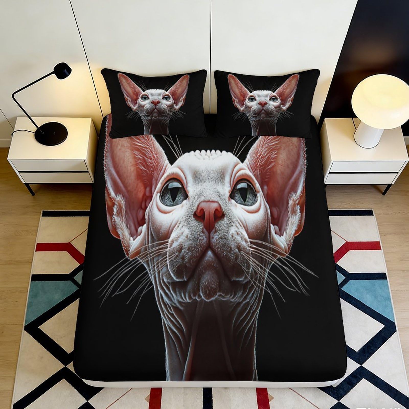 Zfldkwgb Style-4 3D Printed Sphynx Cat Fitted Sheet Microfiber Black Artistic Cat Face Bed Cover For Bedroom Dorm Mattress Protection Decor 90X200x25cm