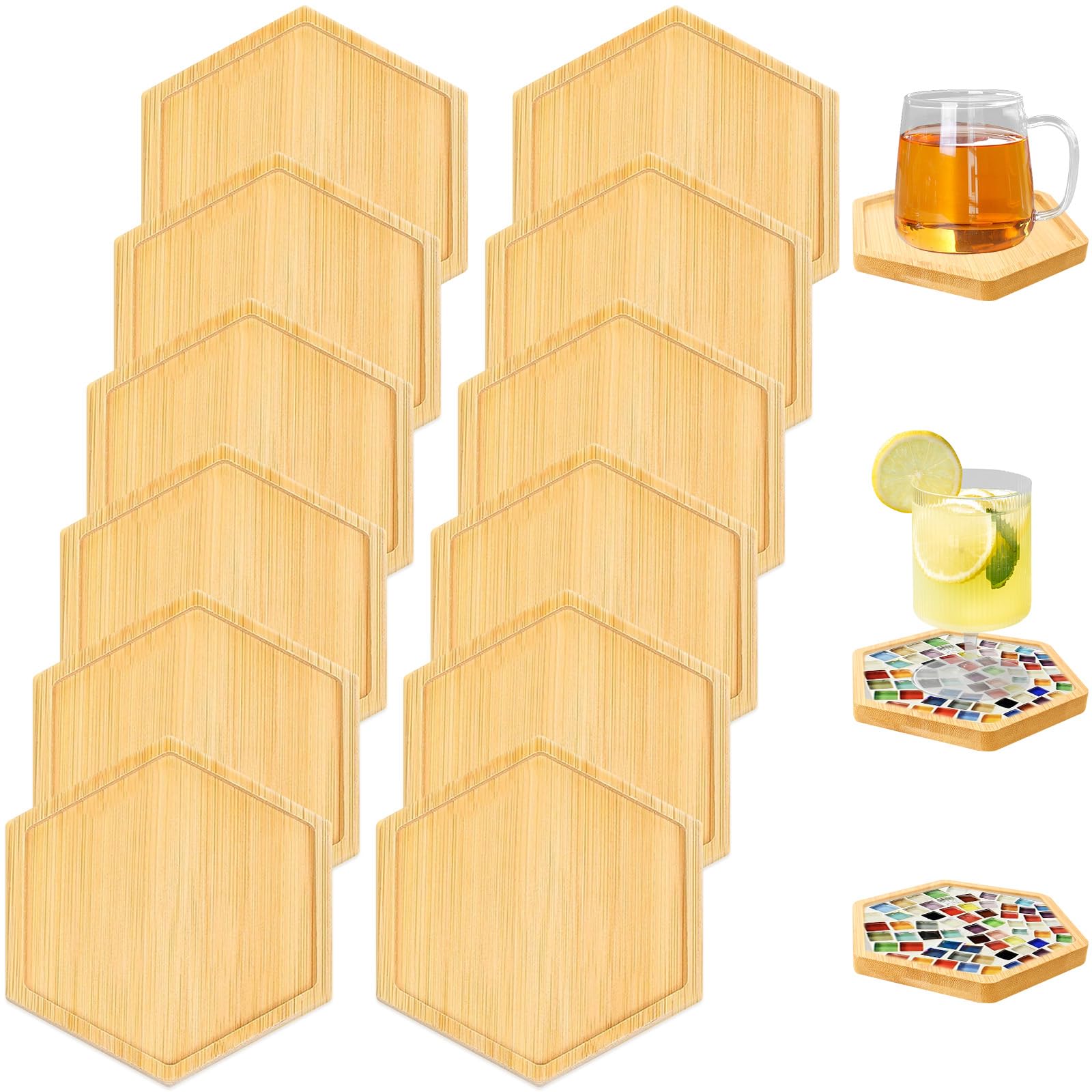 12Pcs Bamboo Mosaic Coaster, 10cm Hexagonal Drinking Cup Wooden Coaster, Versatile Drink Blank Base Trays Tea Coffee Serving Tray for Beverages, Crafts, Plants, DIY Mosaic Supplies, Home Decor