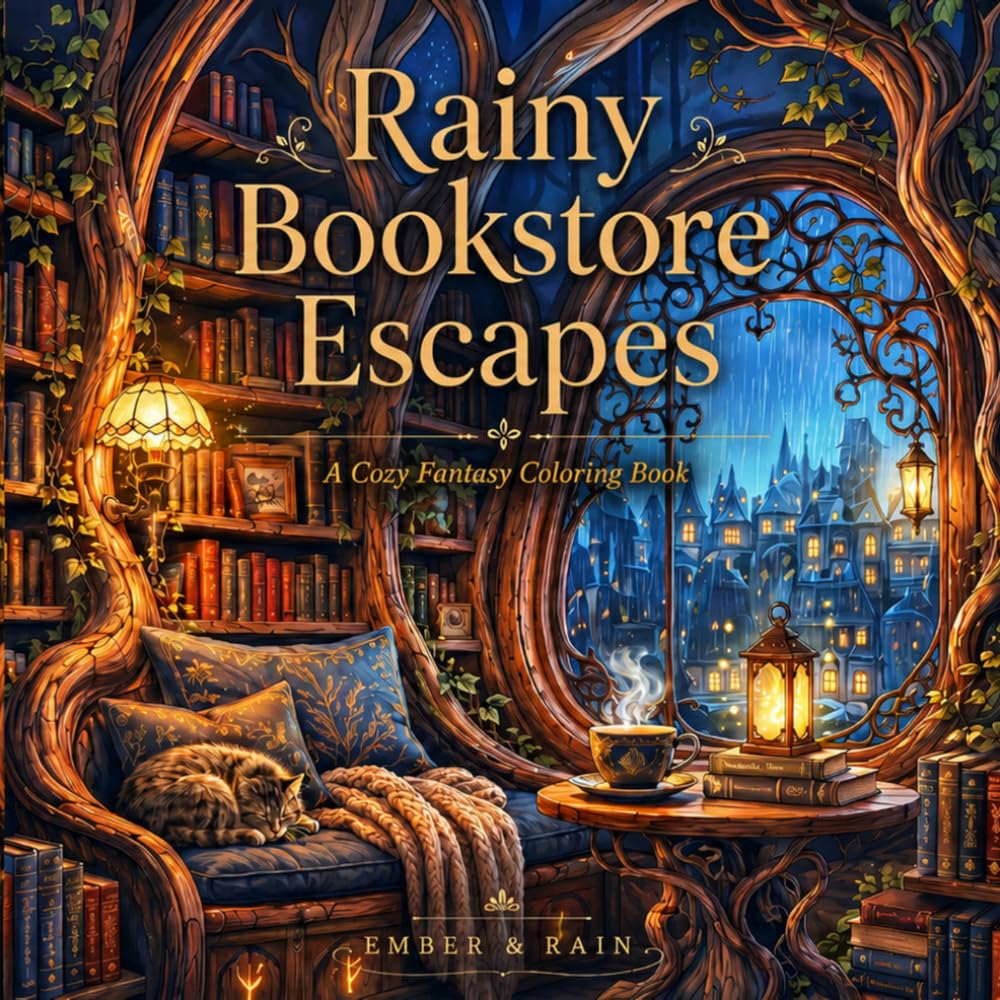 Rainy Bookstore Escapes: A Cozy Fantasy Coloring Book