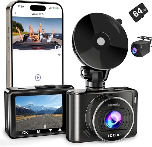 BezosMax 4K Dual Dash Cam, WiFi Dash Cam with 64GB Card, 4K+1080P Dash Camera with App Control for Cars, Built-in G-Sensor