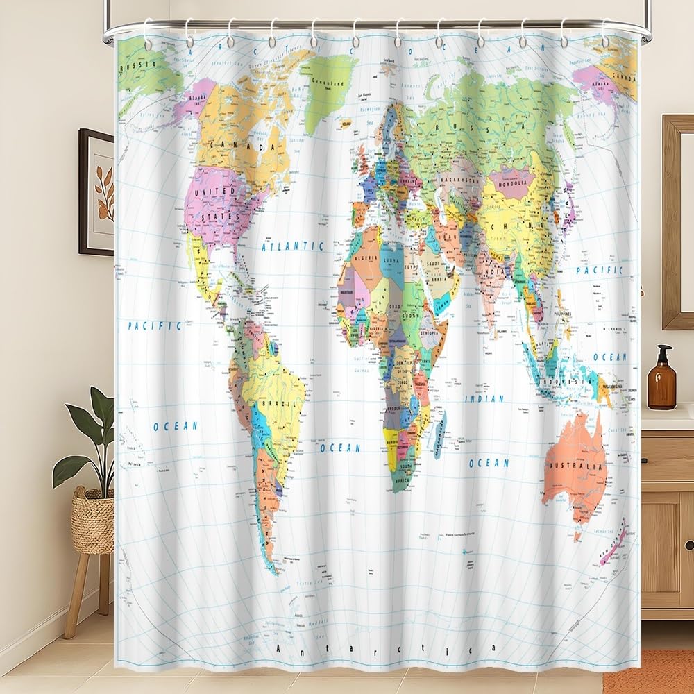 Xiaoterna World Map Shower Curtain Colorful Nautical Map Ocean Bathroom Curtain White Coastal Ocean Shower Curtain for Bathroom Machine Washable Waterproof Fabric 150x200cm