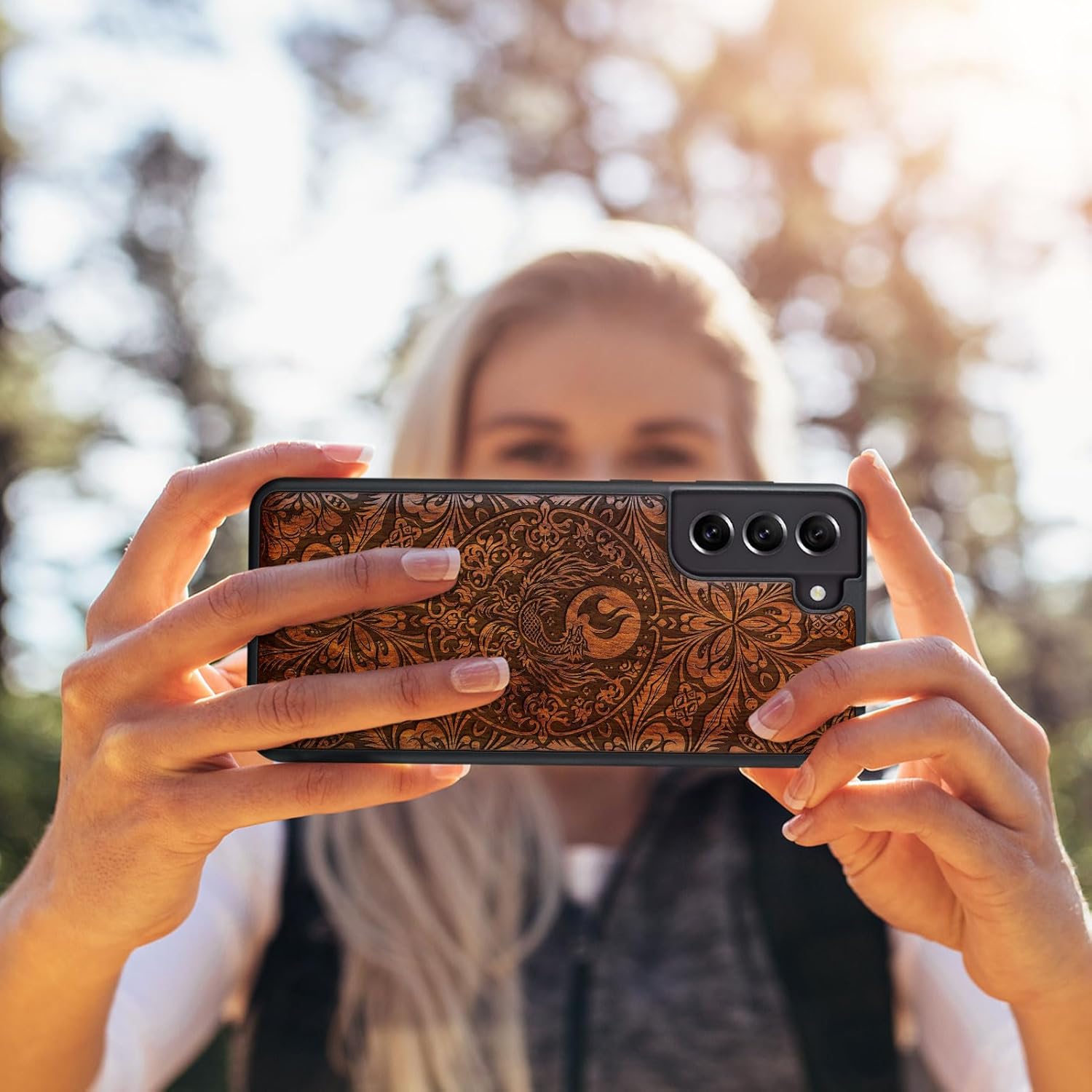 Carveit Wood Case for Galaxy S21 FE Case [Natural Wood & Black Soft TPU] Shockproof Hybrid Protective Unique Wooden Cover Compatible with Samsung S21 FE (The Phoenix Mandala-Rosy)