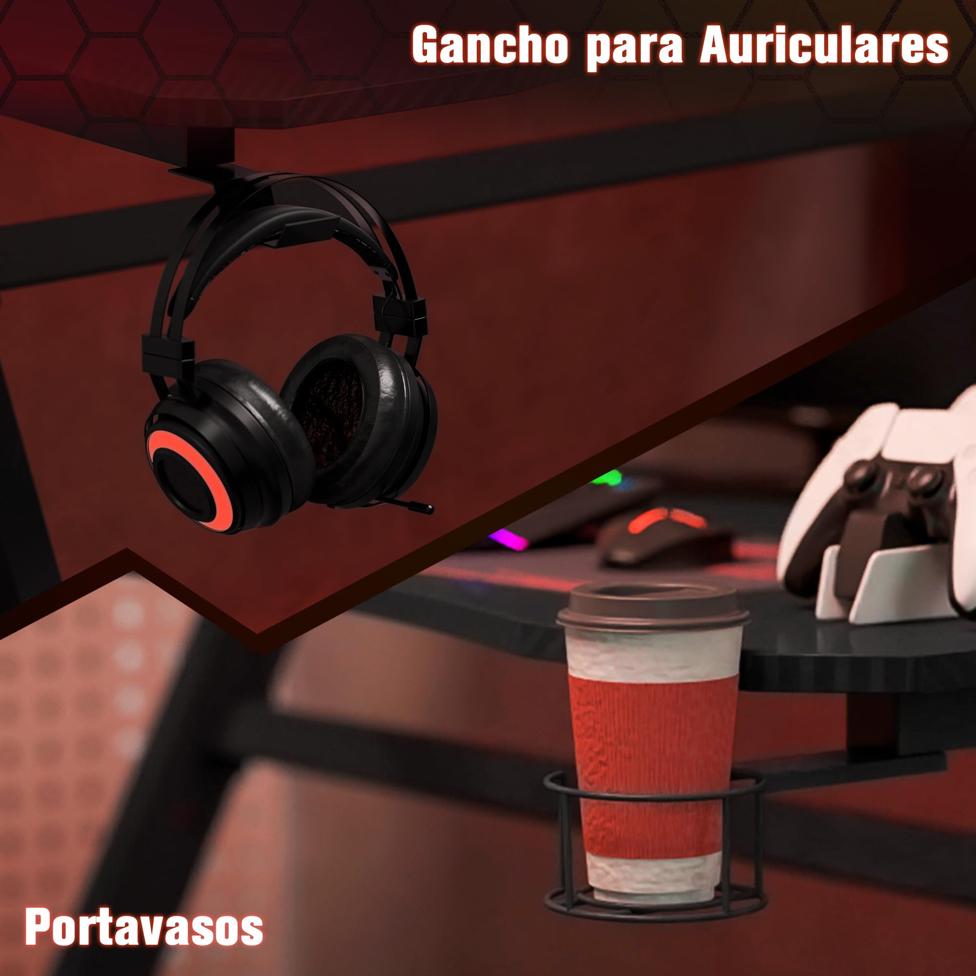 HOMCOM Mesa Gaming 120x65x74,5 cm Escritorio Ergonómico para PC Negro | Gaming Desk, Portavasos, Gancho para Auriculares, Pies Ajustables, Efecto de Fibra de Carbono
