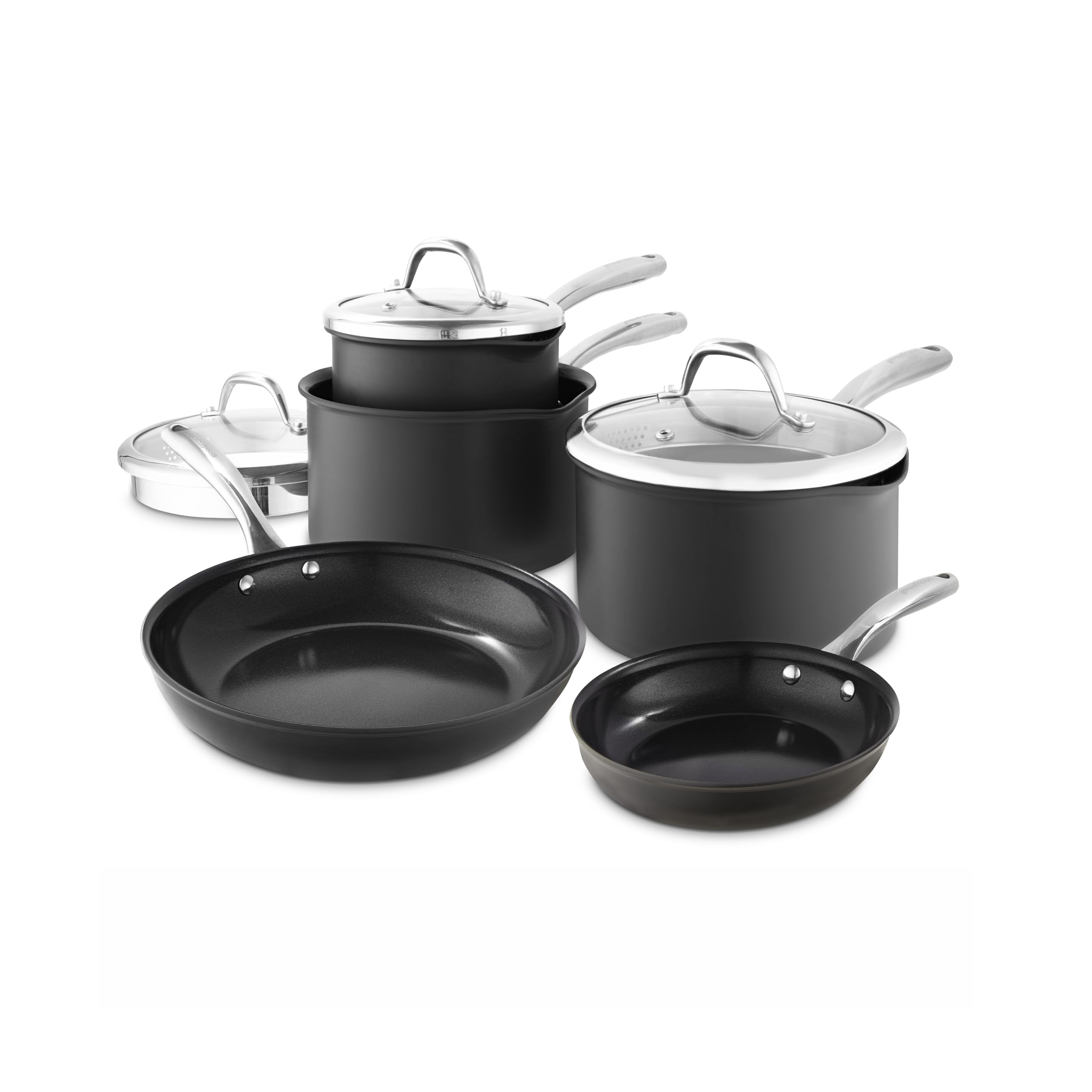 Good Food in Partnership with Tower Hard Anodised 5 Piece Cookware Set with Saucepans and Frying Pans, Tempered Glass Lids, 10x Stronger Ceramic Non-Stick Coating, Induction Compatible, Grey