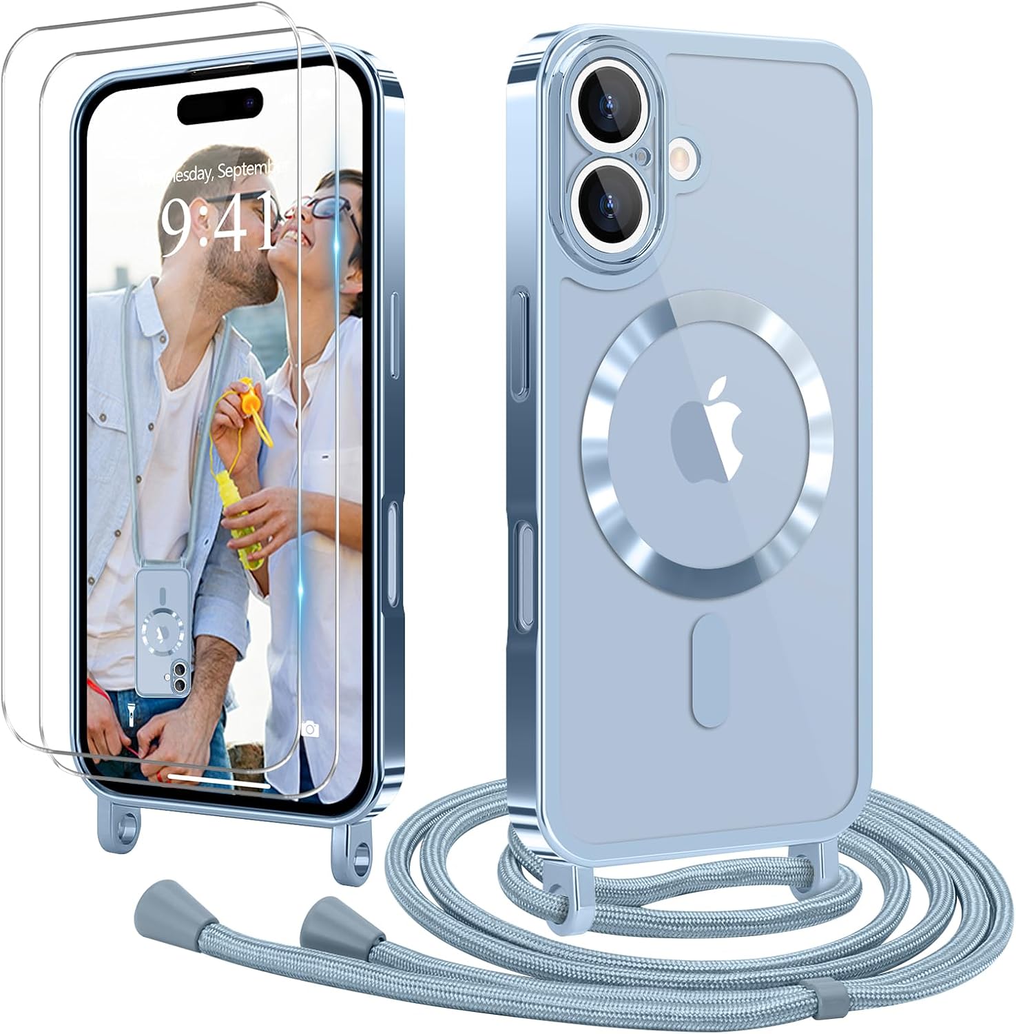 Mobile Phone Case for iPhone 17 with Strap 2 Glass Screen Protectors Transparent Silicone Magnetic Protective Cross-Body Case Cord Blue