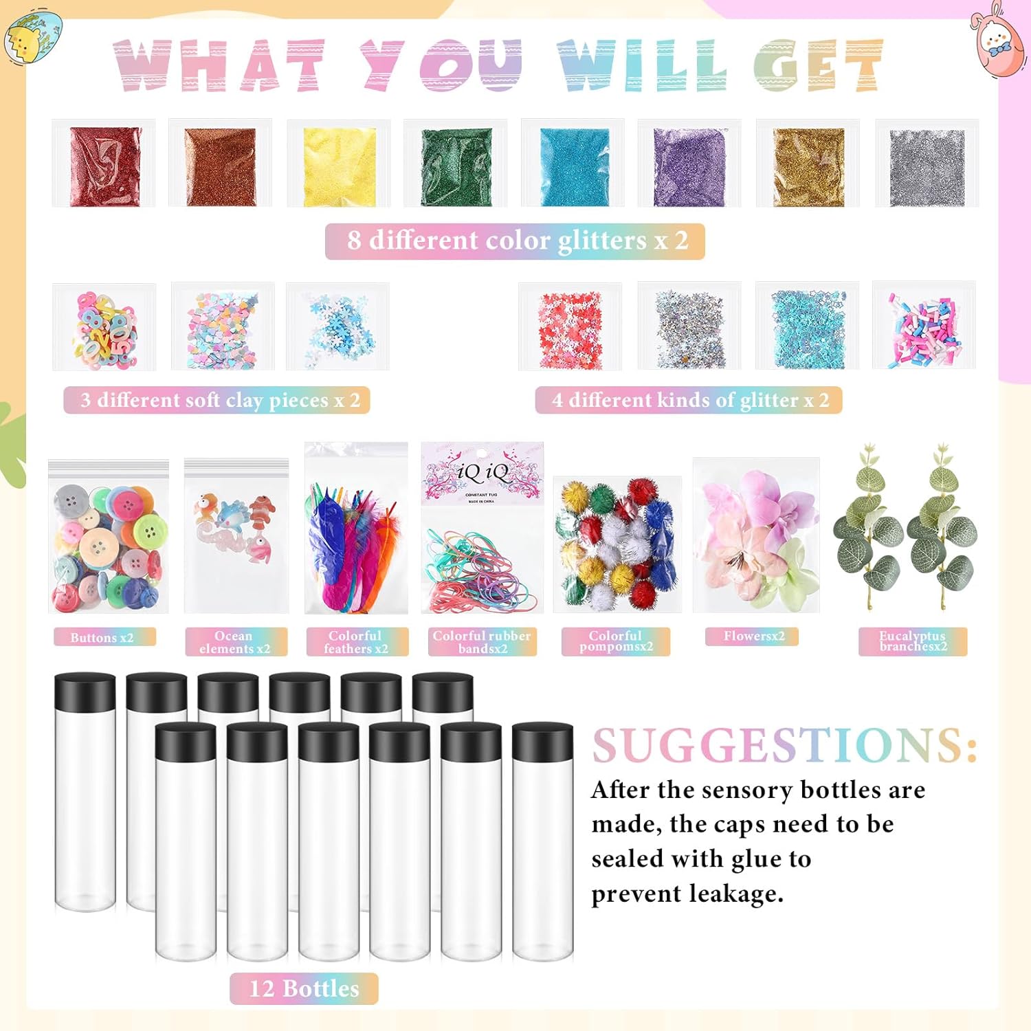 12 Pcs Sensory Bottles Kits for Toddlers 1-3 Kids 400 ml Plastic Calming Bottles Empty with Lid Calm Down Jar Kit Filler Glitters Sequins Weather Containers for Relieving Anxiety Disturbed - Image 2