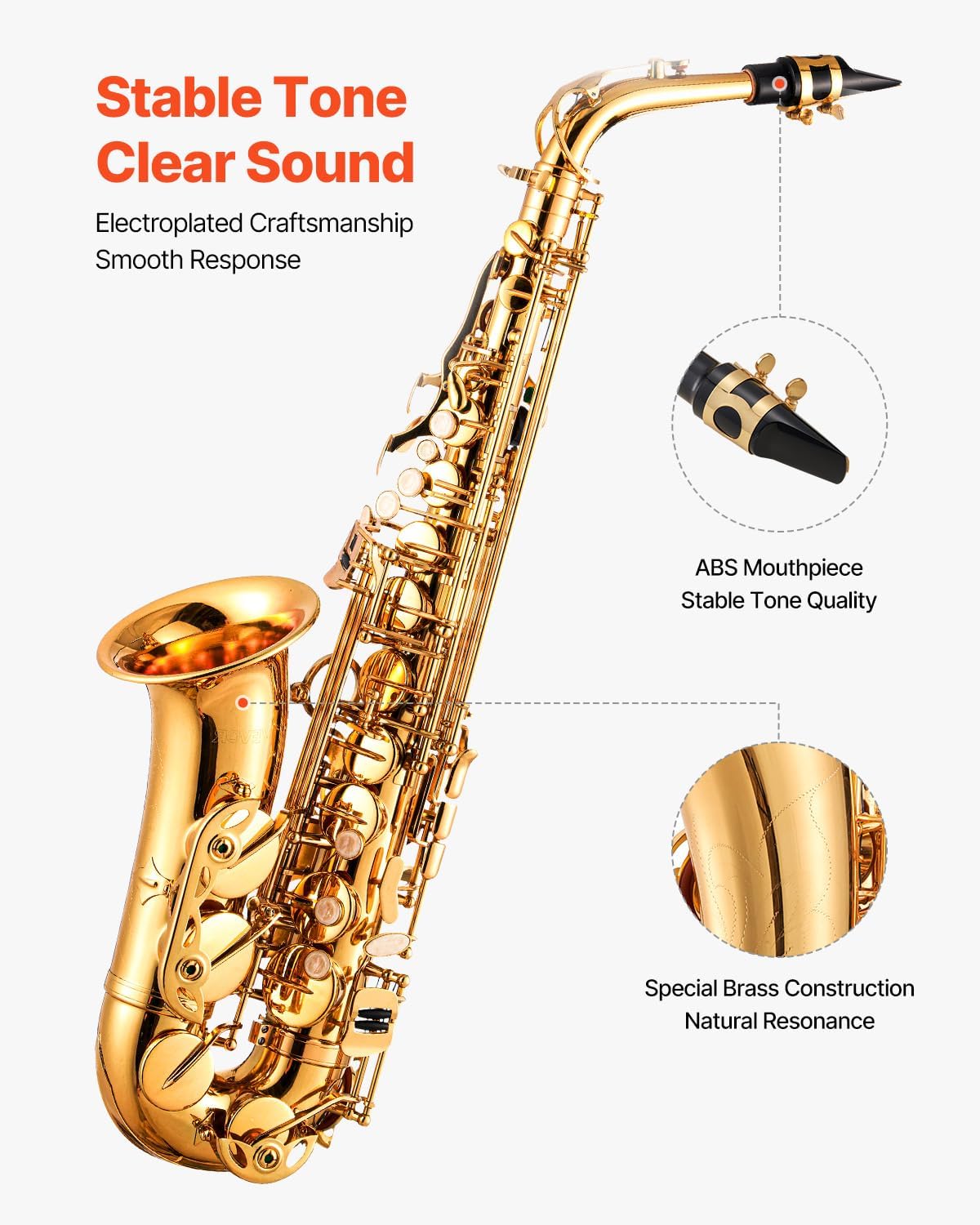 VEVOR Alto Saxophone, E Flat, Brass Saxophone Beginner Kit with Carrying Case, Mouthpiece, Straps, Cleaning Cloth Rod, Gloves, Grease, Neck Strap, 23 Keys Alto Sax Kit, for Beginners Students, Gold