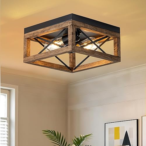 Miniatura 13 de Mayful Lámpara de techo de montaje empotrado, 2 luces rústicas con marco de metal y madera, iluminación regulable cerca del techo para cocina, Negro