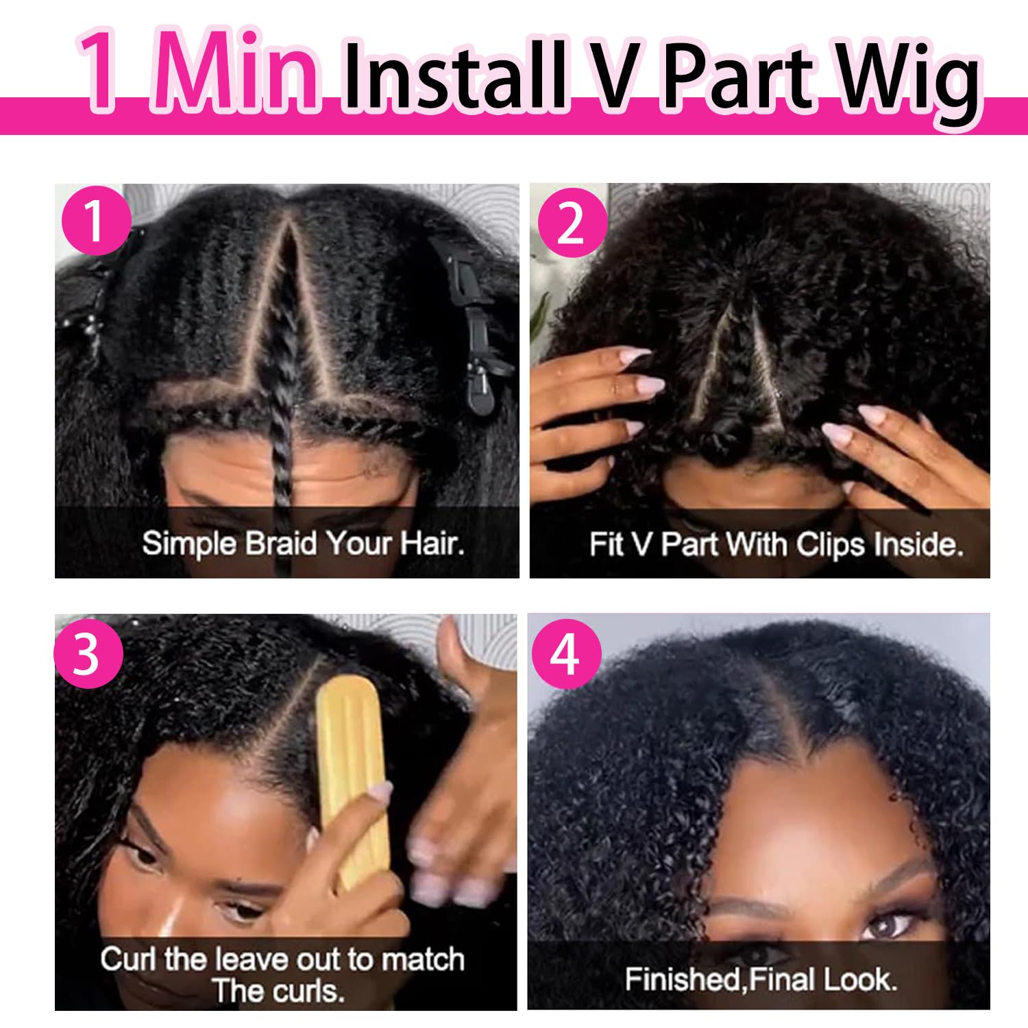 Afro Kinky Curly V Part Wigs With Drawstring For Black Women,200% Density Kinky Curly V Part Human Hair Wigs,Upgrade No Sew In & Glueless Design,Beginner Friendly,Natural Black Color(20inch)