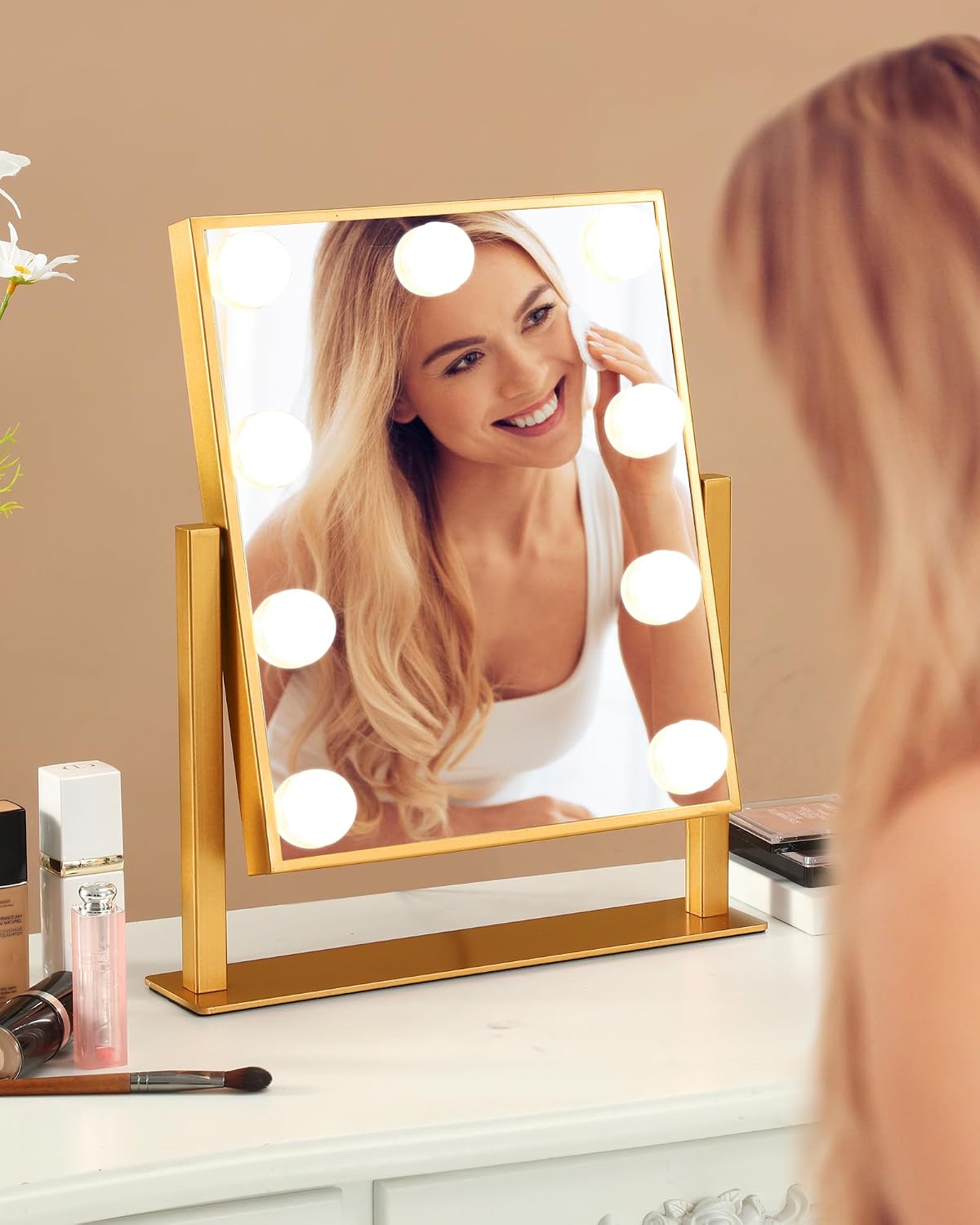 BWLLNI Vanity Mirror with Lights, Hollywood Mirror Lighted Makeup Mirror with 9 LED Bulbs, Touch Control Design 3 Colors Dimmable Bulbs Detachable 10X Magnification 360°Rotation(Gold) thumbnail