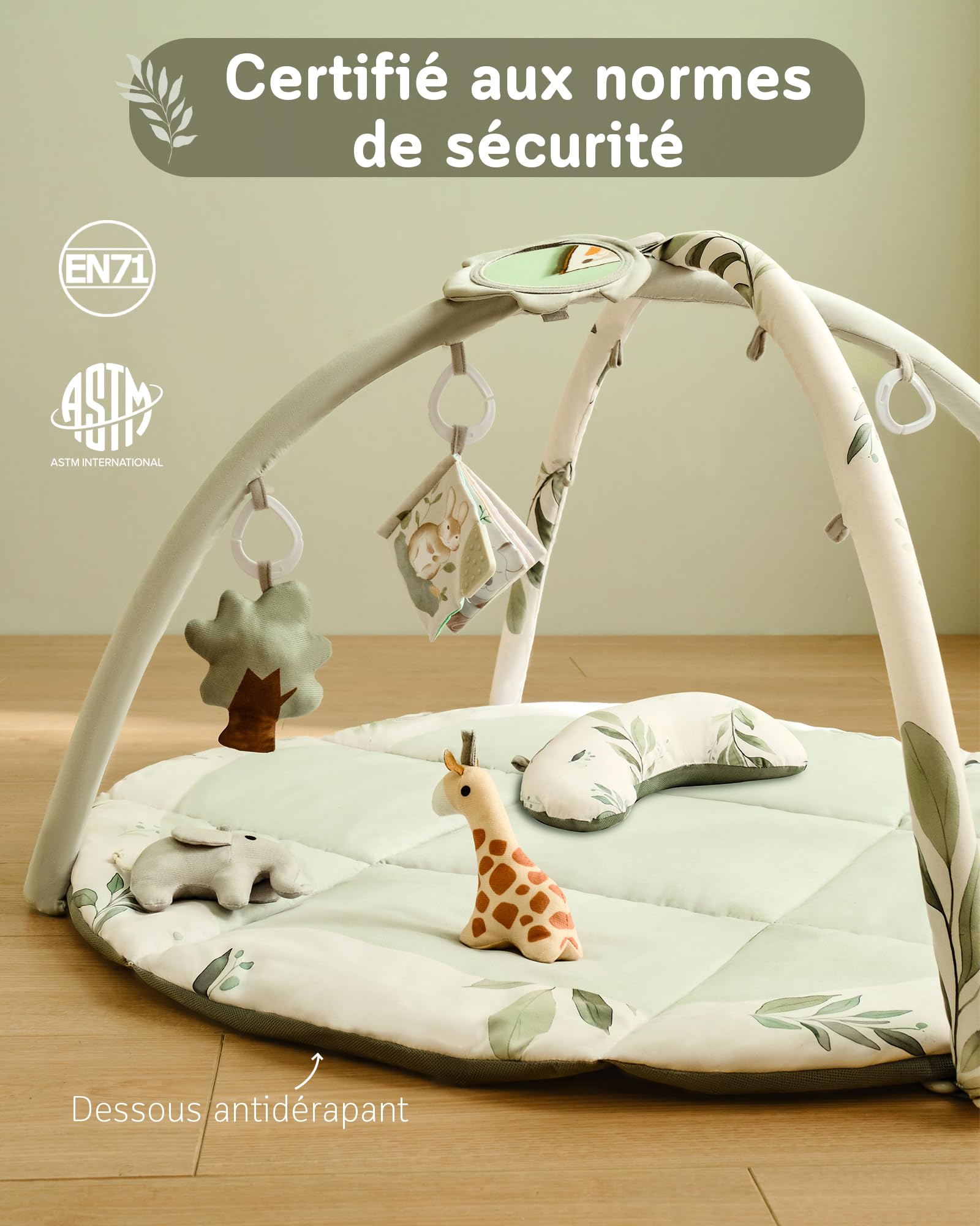 Tapis d'éveil Bébé avec Arche amovible et 5 Jouets d'activité, Thème Naturel, Fortella, Vert, pour Nouveau-né 0-12 Mois