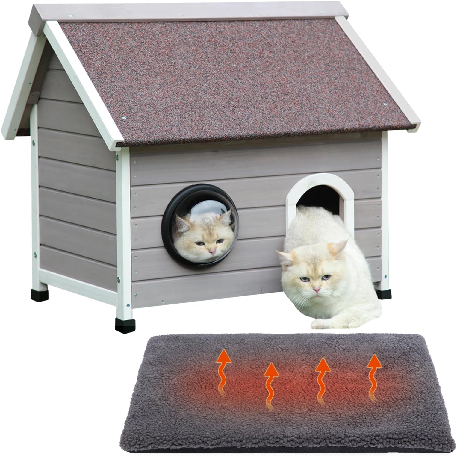 Rockever Outdoor Cat House, Waterproof Feral Cat House for Outdoor Cats with Escape Door and Clear Windows for 2 Cats(with Self Warming Mat)