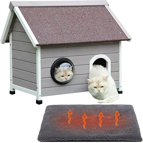 Rockever Casa para gatos al aire libre, casa para gatos al aire libre, resistente a la intemperie con puerta de escape y ventanas transparentes para