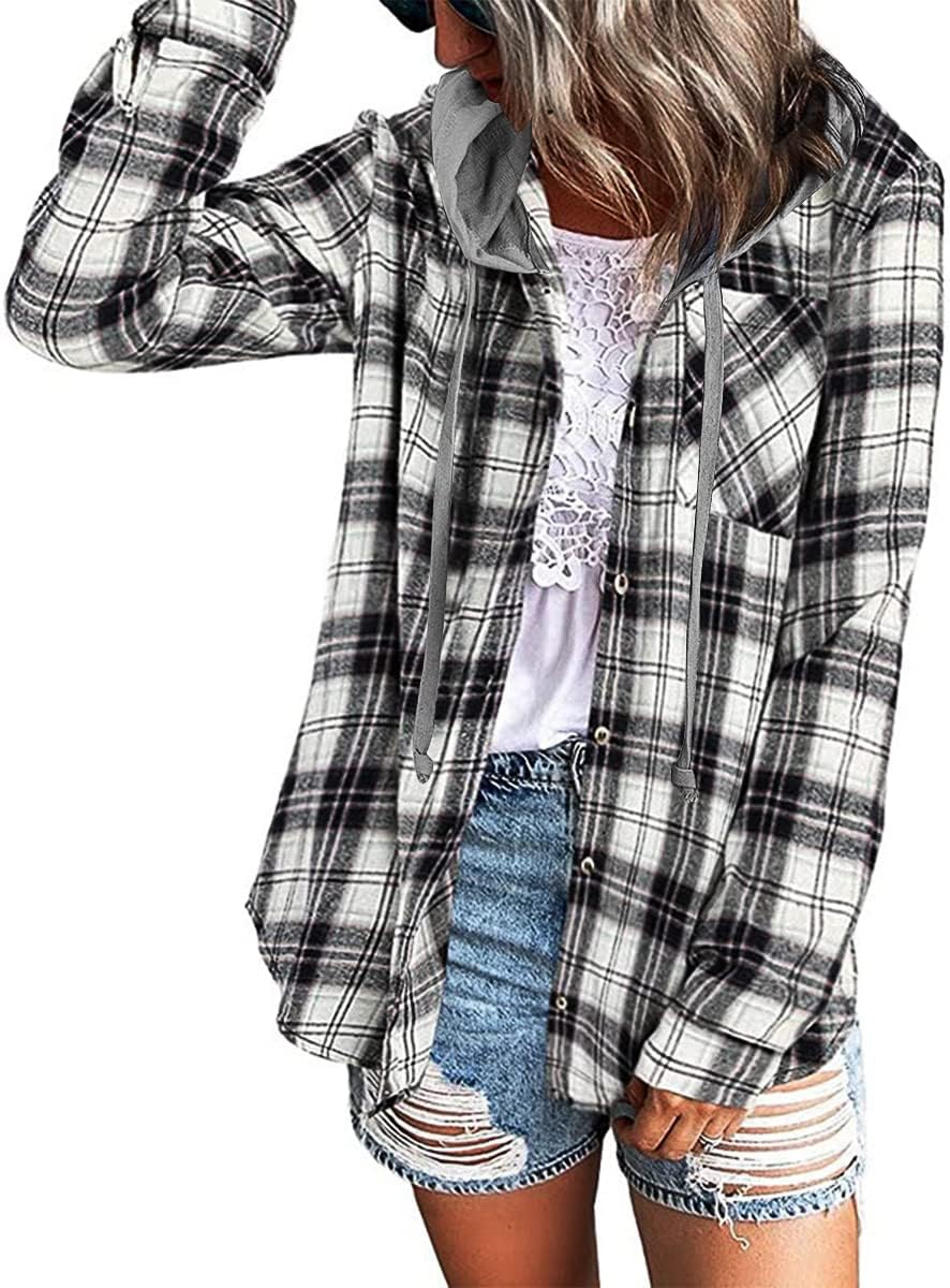 Women Plaid Hooded Shirt Drawstring Flannel Sweatshirt Hoodie Jacket Casual Button Down Blouse Tops with Pocket - Image 2