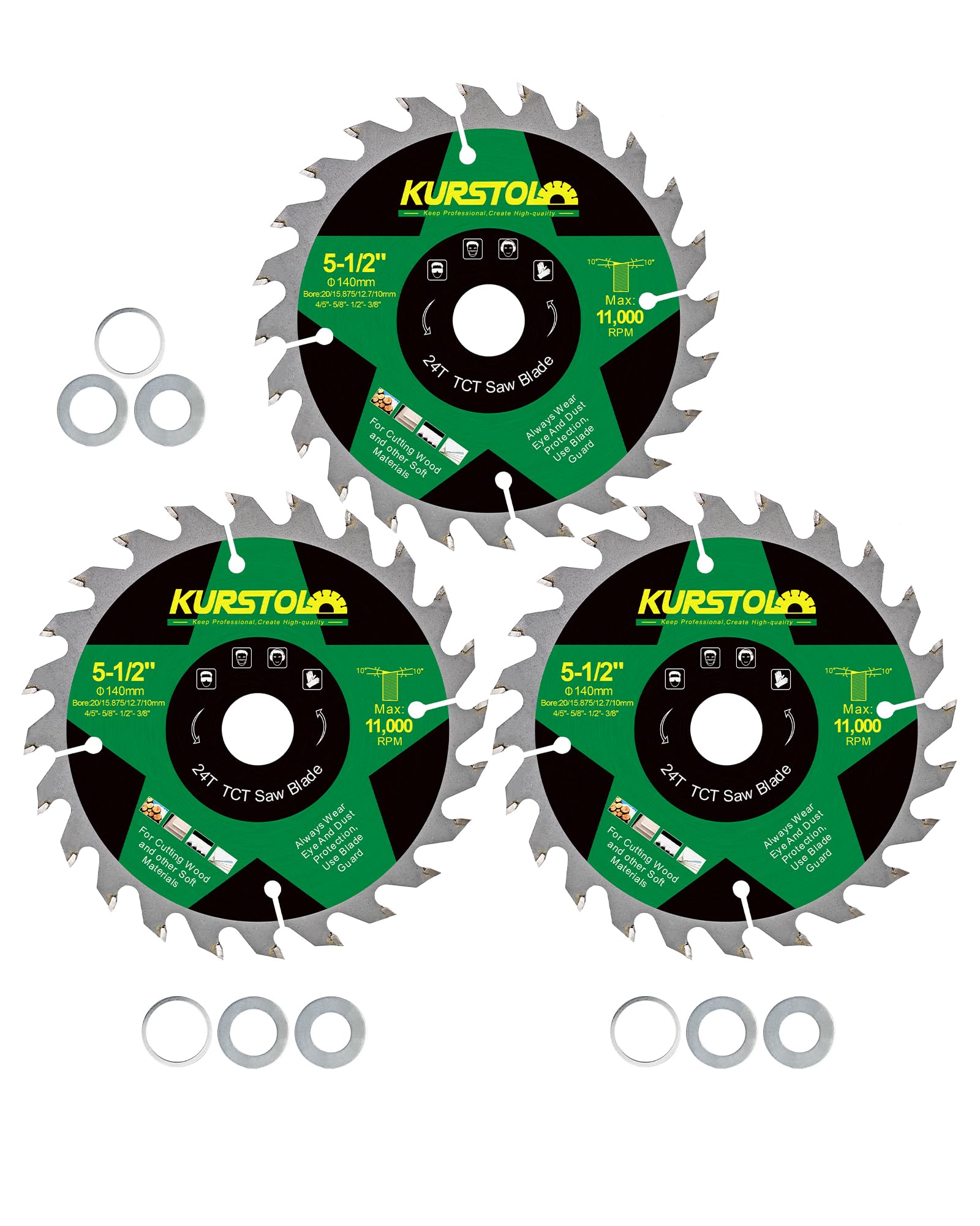 KURSTOL Wood Circular Saw Blade - 140 x 20 x 12.7mm 24 Tooth TCT Cutting Blade for Wood, Plastic, Plywood, Particle Boards, Multilayer Boards(3 Pack)