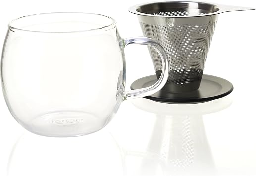 FORLIFE Lucidity Glass Brew-in-Cup with Stainless Infuser and Lid, 12-Ounce/355ml, Charcoal
