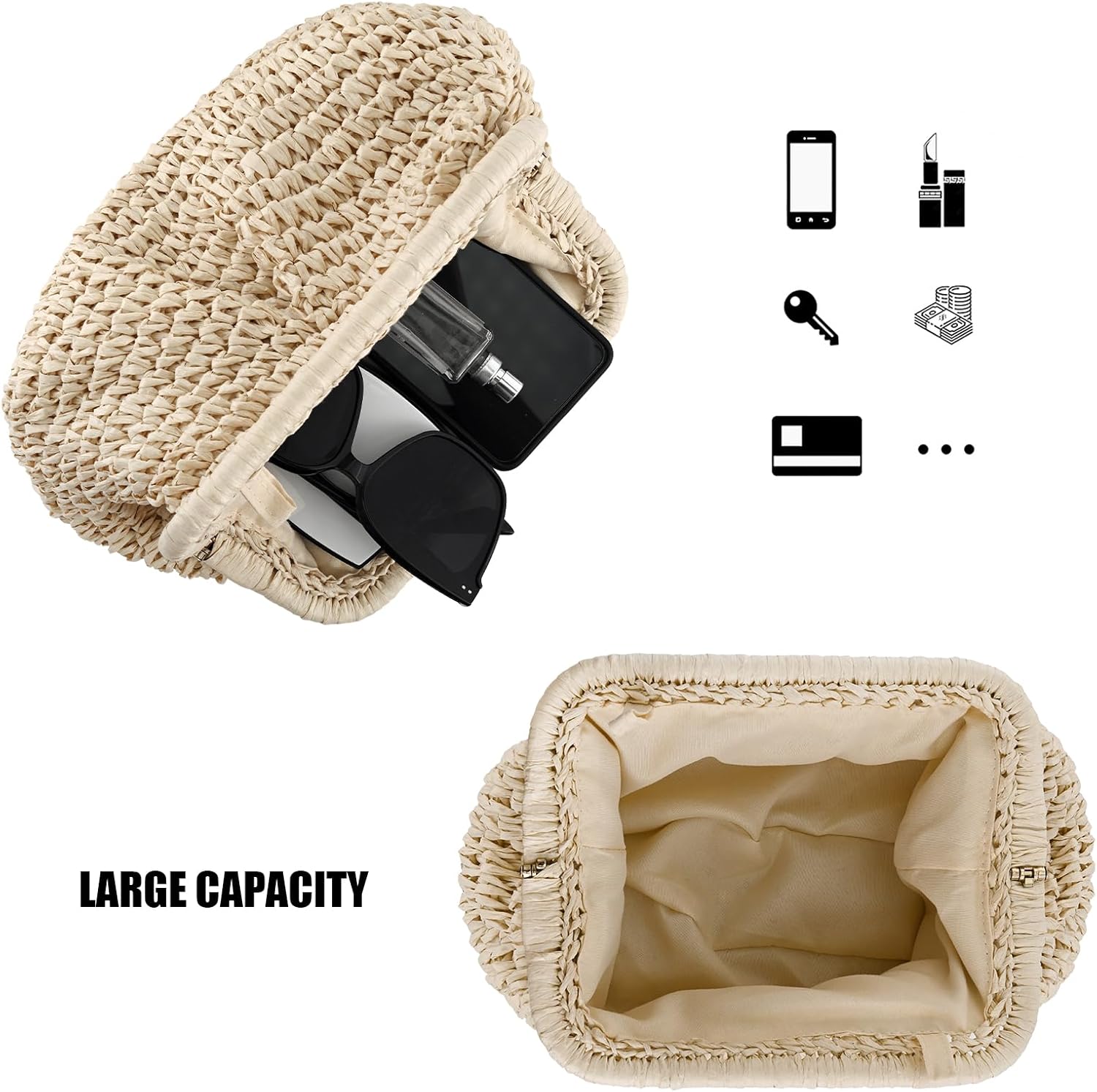 Handwoven Straw Bag for Women Vacation, Boho Beach Purse for Summer Wicker Crossbody Purse - Image 6