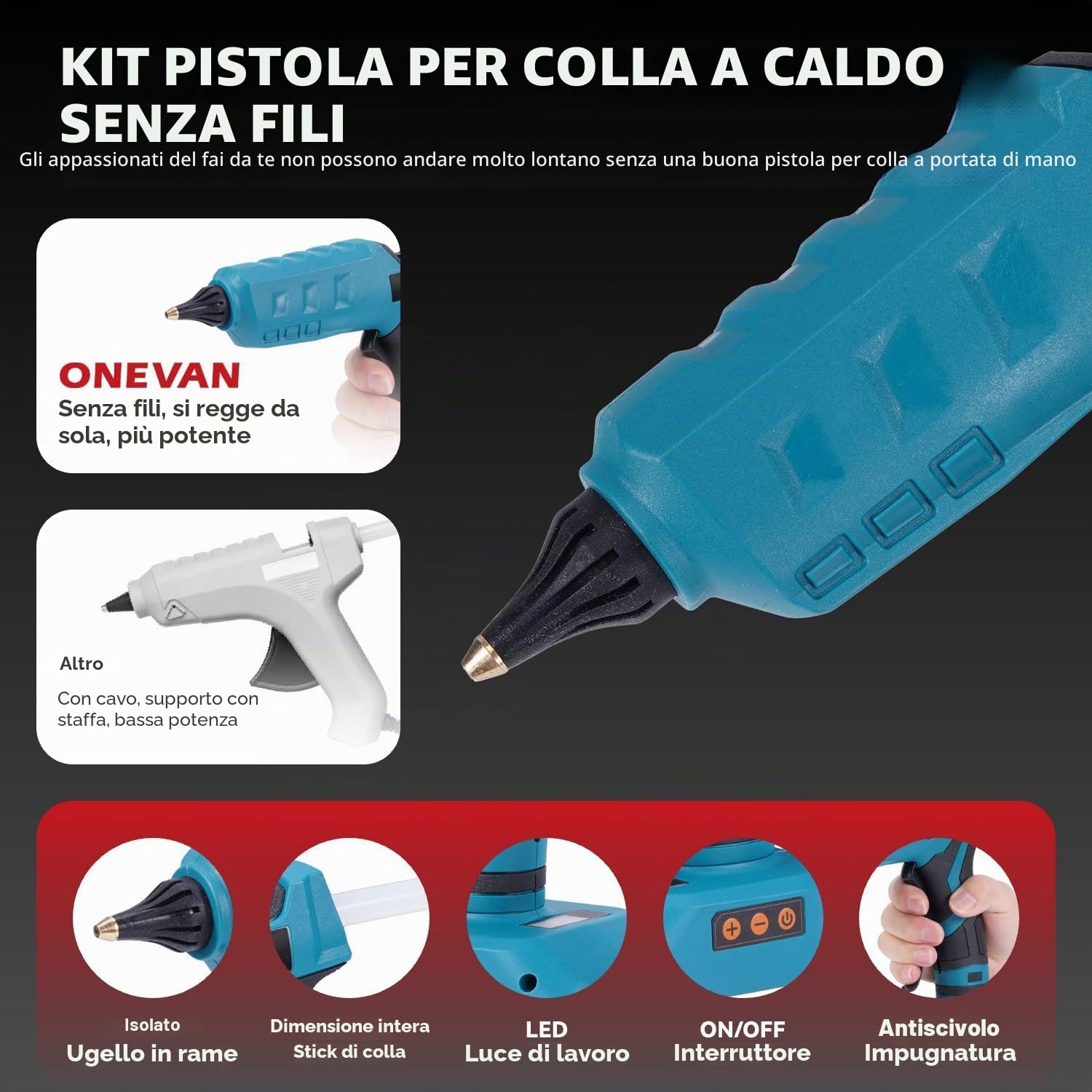 ONEVAN Pistola per colla calda senza fili in silicone, pistola per colla a batteria 100-200°C, riscaldamento rapido in 60s, display digitale, pistola per colla calda con 2 x 2Ah batterie e 10 x colla