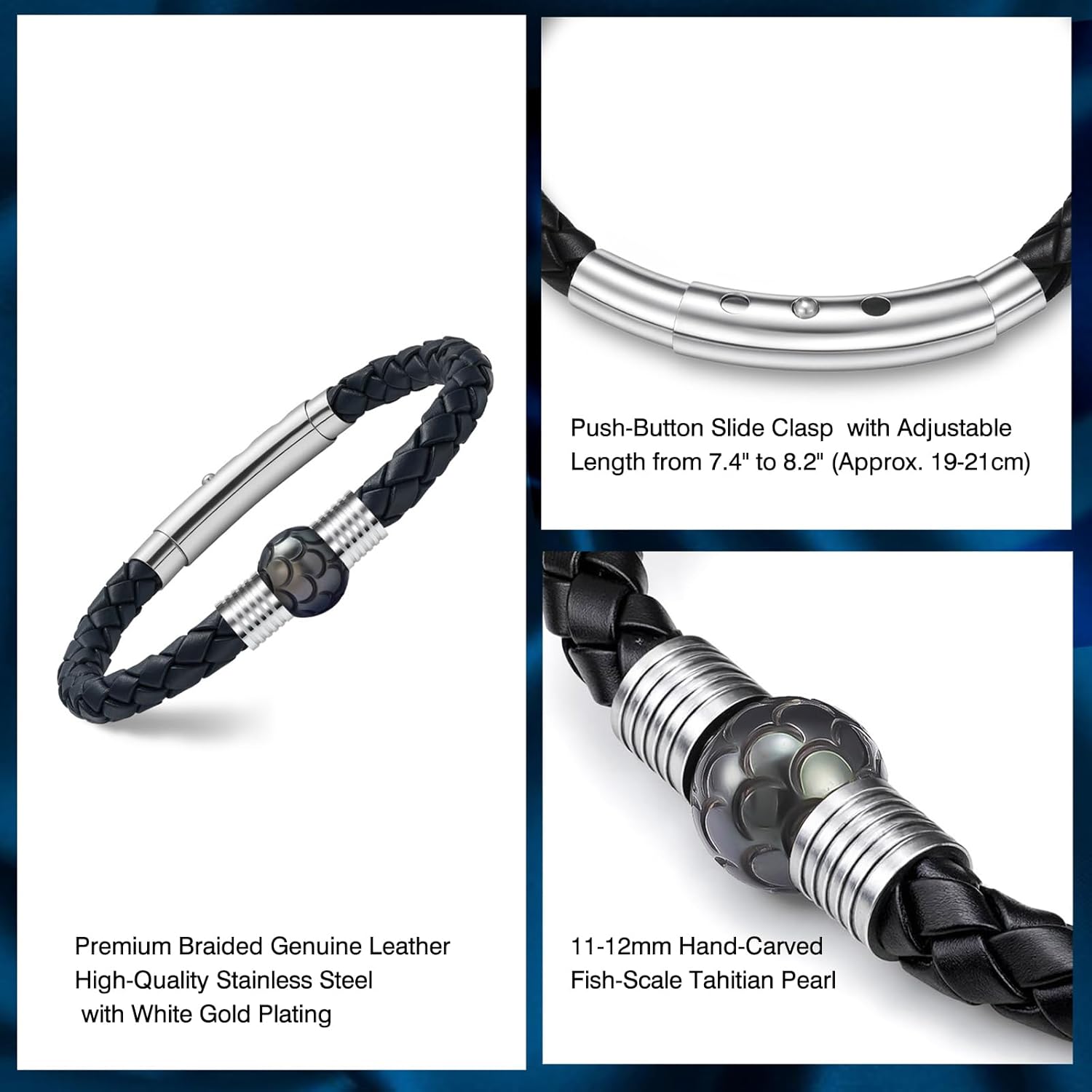 Men's Braided Genuine Leather Bracelet - 11-12mm Hand-carved Seawater Tahitian Pearl Bracelet for Men, Chirtmas Anniversary Birthday Gifts for Him Husband, Stainless Steel Clasp Adjustable 7.4"- 8.2"