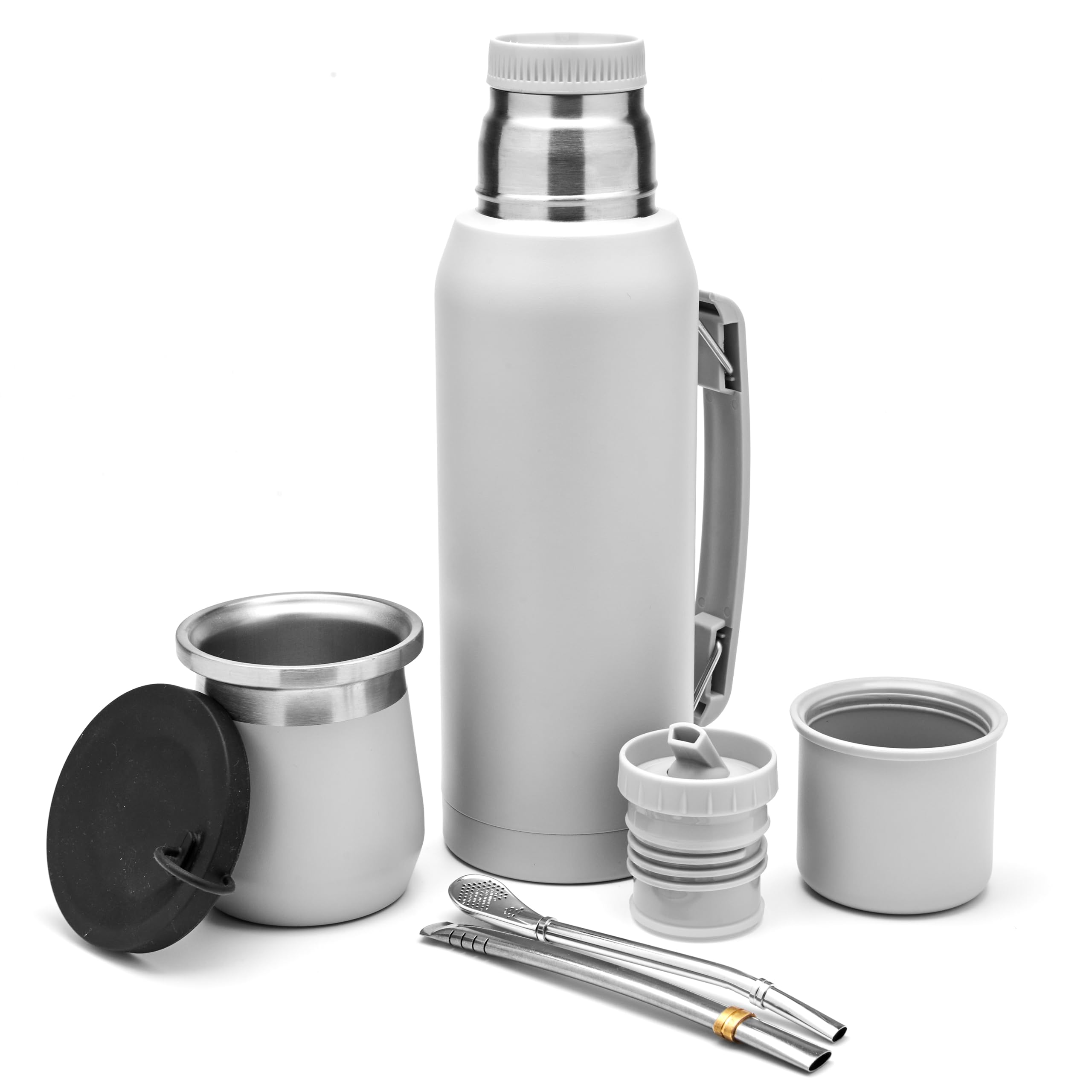 BALIBETOV Set completo Yerba Mate – Modern Mate zucca (266,2 ml), thermos con 2 beccucci (999,6 ml), 2 cannucce Bombilla – Kit di qualità premium (grigio)