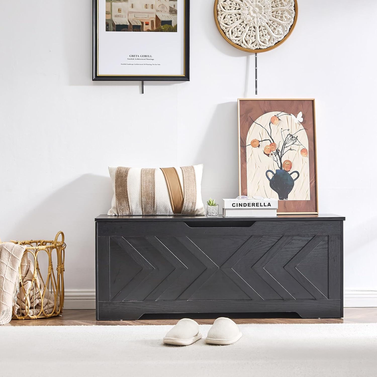 47.2” Storage Bench,Extra Large Wooden Storage Chest with 2 Safety Hinges,entryway Bench,Blanket Storage,Shoe Storage Bench for Entryway,Bedroom,Living Room,Easy Assembly-Black