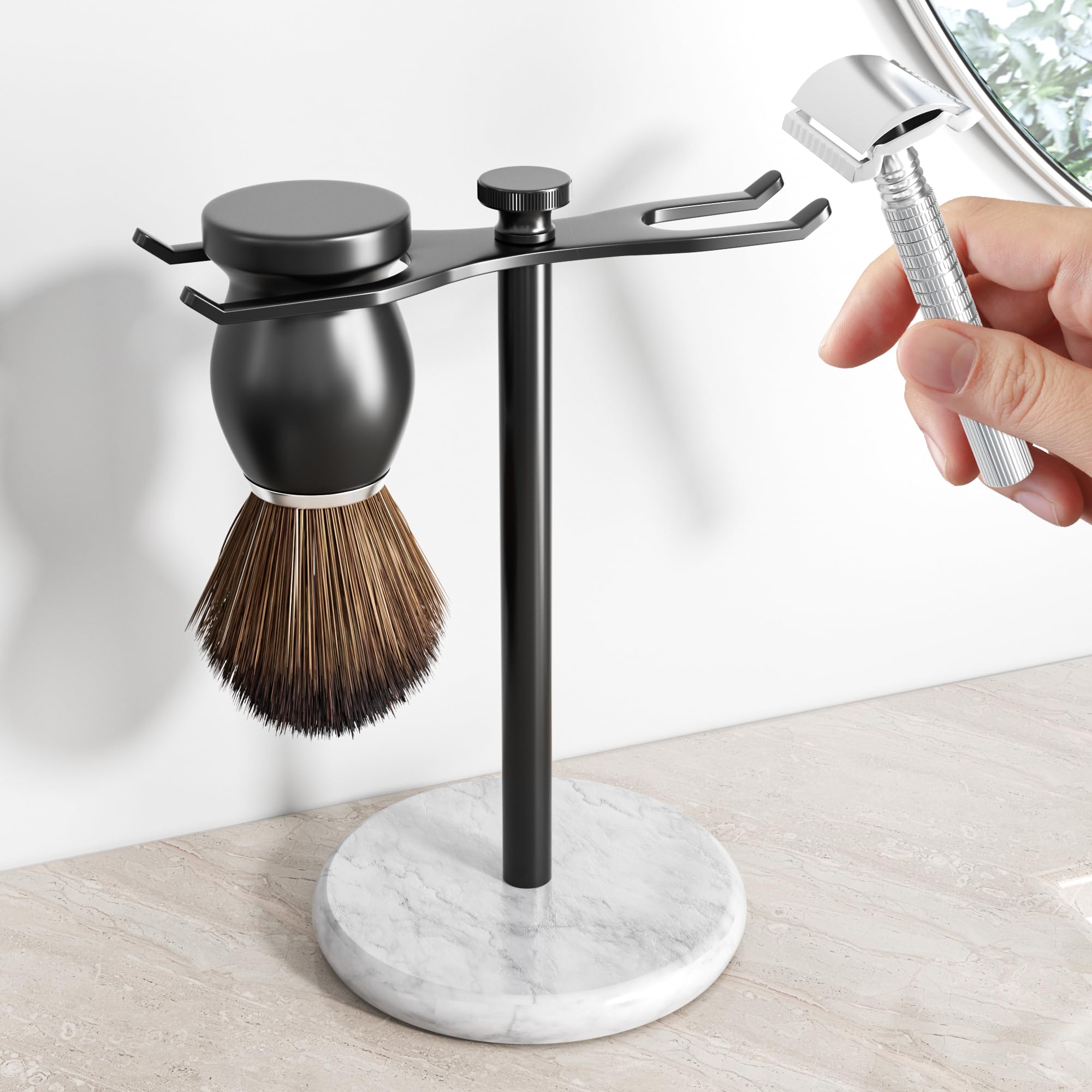 pickpiff Safety Razor Stand with Brush Holder, Marble Base with White Metal Holder Heavy Duty, Extra Wide Openings, Fits Most Brushes and All Kinds Of Razors