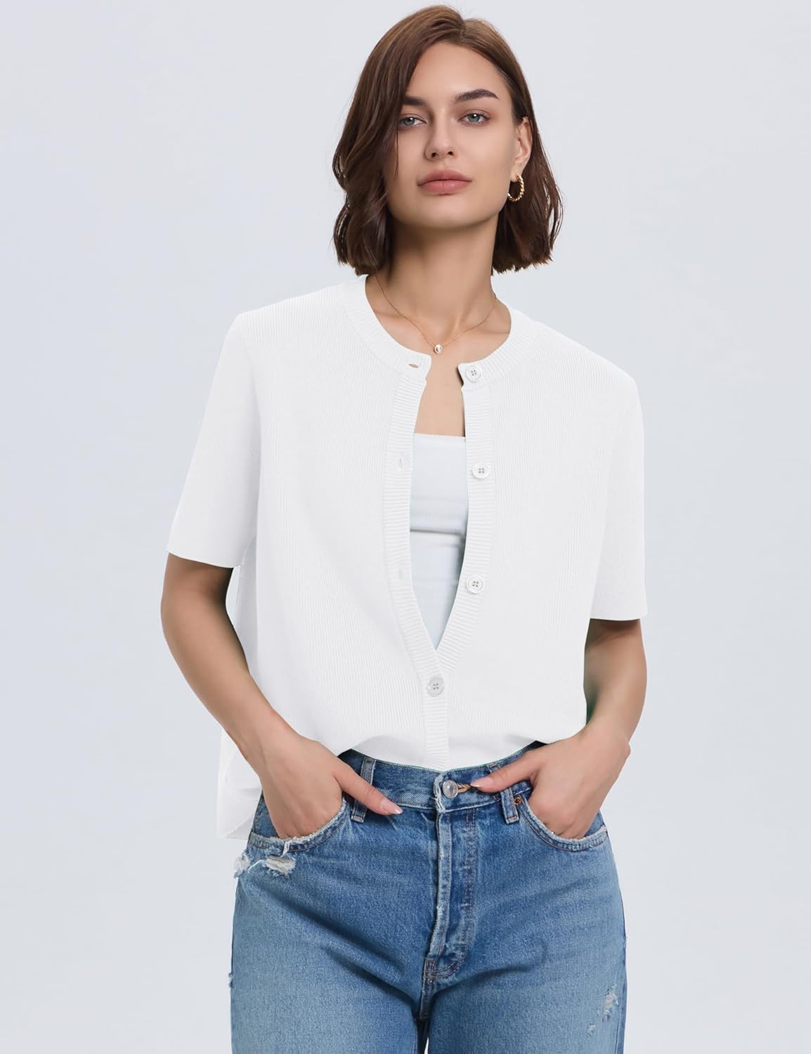 Lomon Womens Spring Summer Short Sleeve Cardigan Sweaters Trendy Crew Neck Button Down Lightweight Knit Outfit Y2k Clothes - Image 3