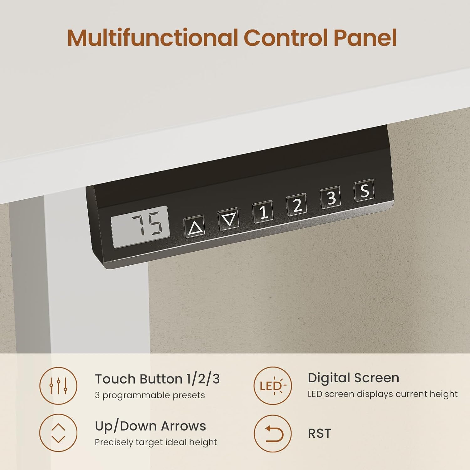 Close-up of the multifunctional control panel with LED display showing '75', up/down arrows, and preset buttons 1, 2, 3, and S.
