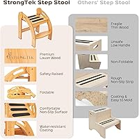 Vista 5 de StrongTek Taburete infantil con pasamanos, taburete de seguridad plegable, amplia superficie antideslizante, escalera de madera de 12 pulgadas