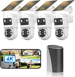 4K Cámara vigilancia WiFi exterior inalámbrica, 4 Cam-Kit con estación doble/cámara solar,360° PTZ Seguridad en el hogar, Alarma,Audio bidireccional,Seguimiento automático,Visión Vocturne