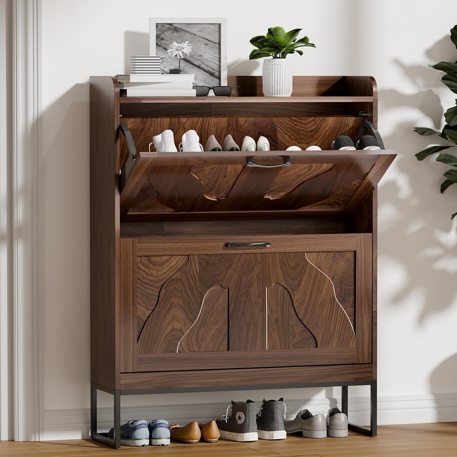 Shoe Cabinet with 2 Flip Drawers, Narrow Shoe Storage Cabinet for Entryway, Freestanding Organizer Shoe Rack Cabinet for Front Door Entrance Hallway Foyer Living Room, Walnut