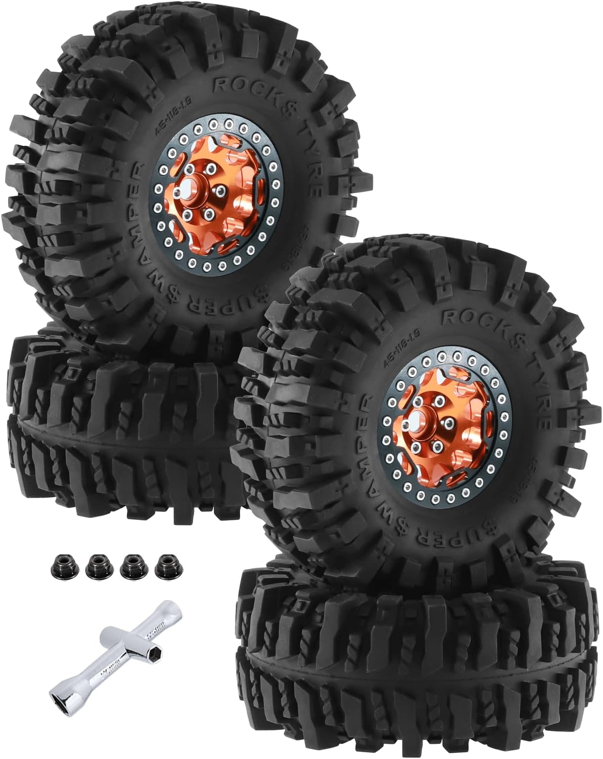 1.9 Inch RC Wheel Tire Set for 1/10 RC Crawler SCX10 SCX10 II 90046 SCX10 III AXI03007 TRX4,Aluminum Beadlock Wheels & Soft Rubber Tires,4Packs,Gold