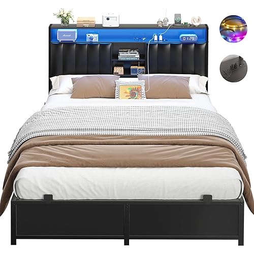 Aheaplus Full Size Bed Frame with Charging Station & Led Lights, Platform Bed with Leather Upholstered Headboard and Storage, Metal Slats Support, No Box Spring Needed, Noise-Free Easy Assembly, Black