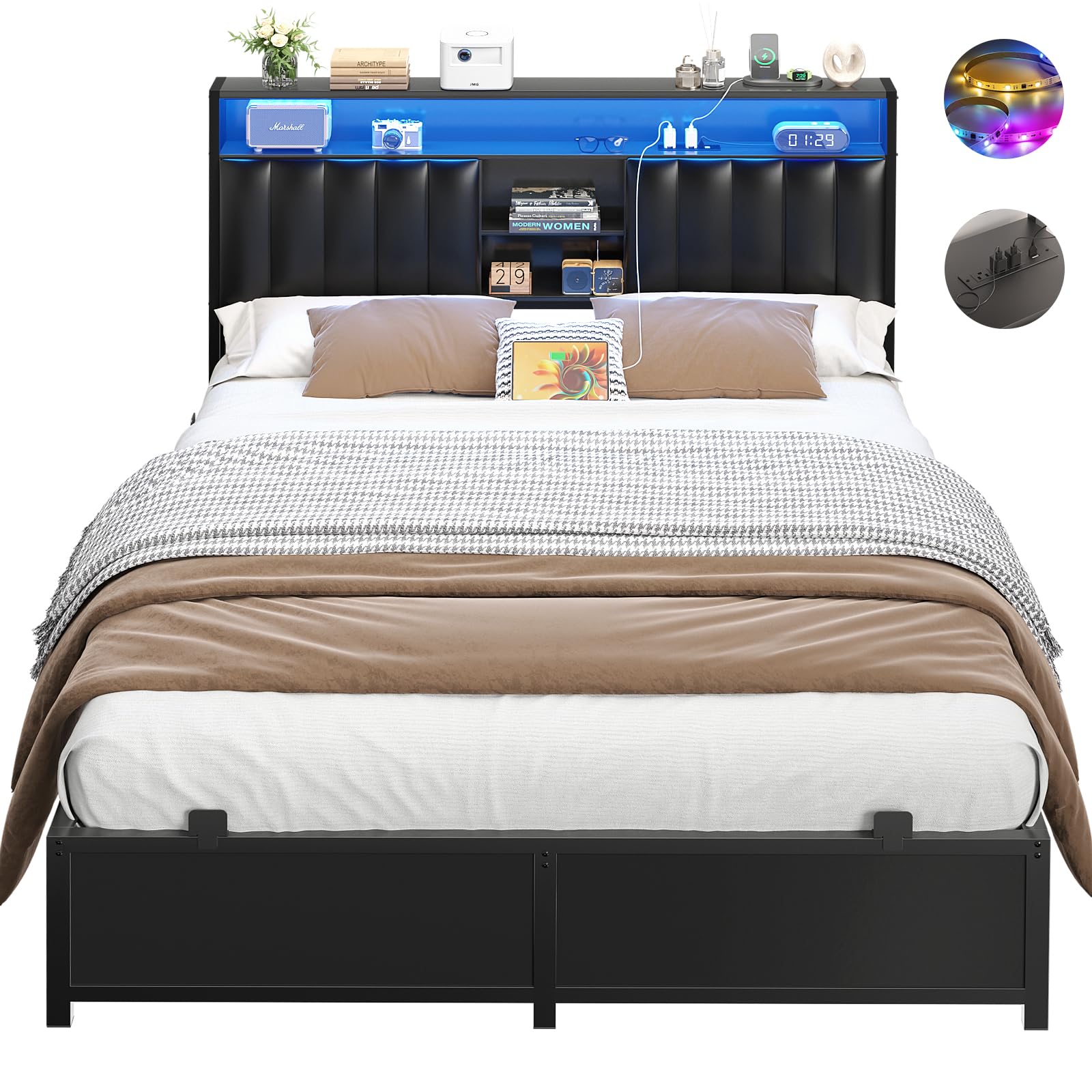 Aheaplus Full Size Bed Frame with Charging Station & Led Lights, Platform Bed with Leather Upholstered Headboard and Storage, Metal Slats Support, No Box Spring Needed, Noise-Free Easy Assembly, Black