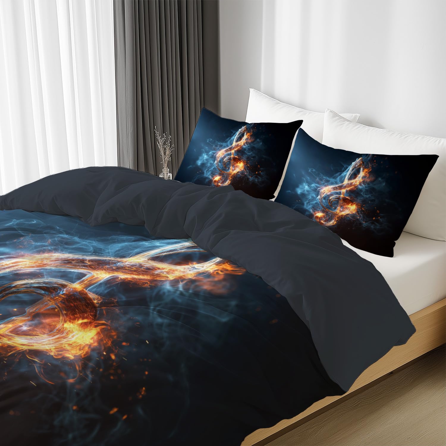 Szara mgiełka poszwa na kołdrę 240 x 260 cm z 2 poszewkami na poduszki 80 x 80 cm, miękka oddychająca pościel z mikrofibry, nadprzyrodzone nuty muzyczne dym ogień zestaw nastolatków wystrój sypialni