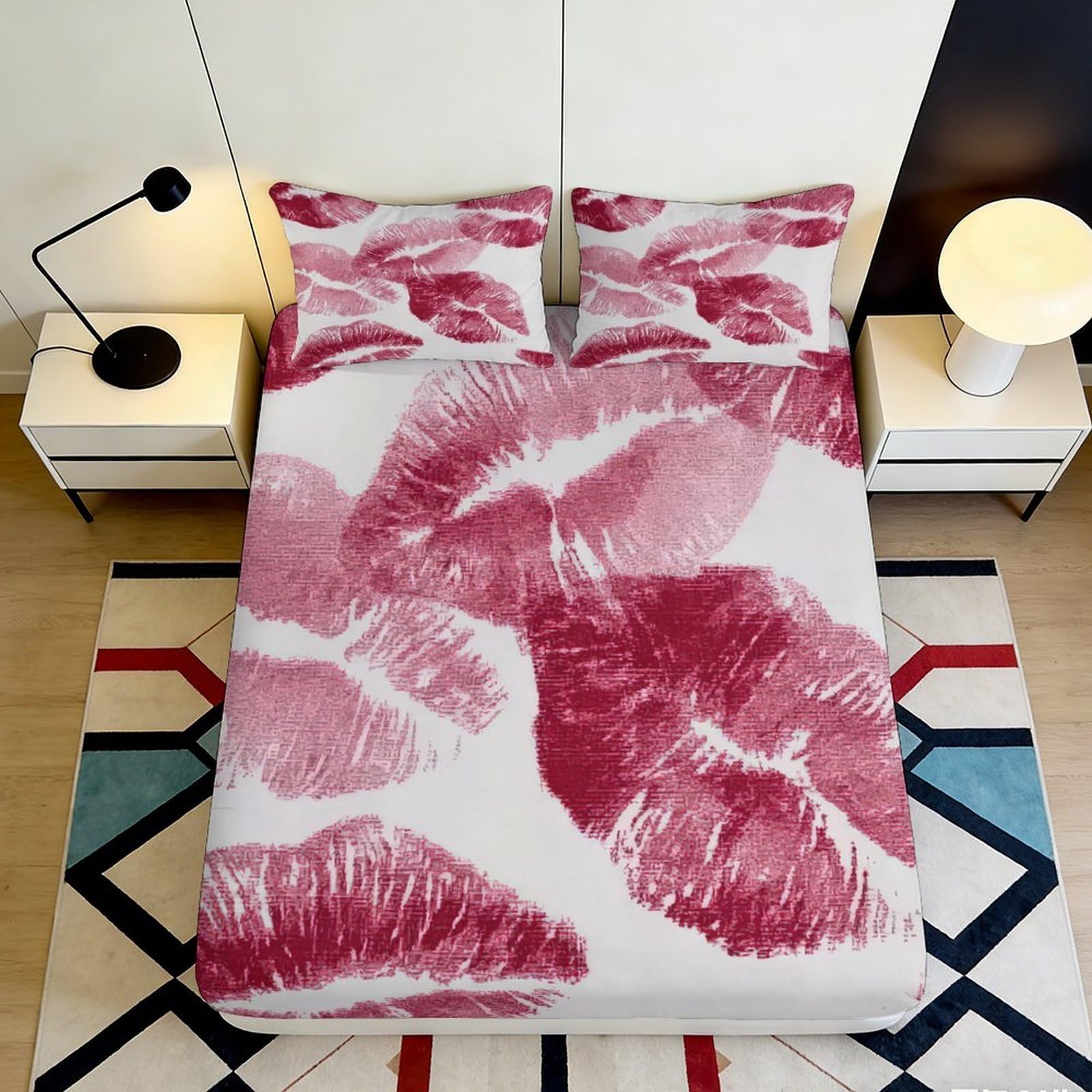 Uxinyoume Style-3 3D Printed Lip Kiss Fitted Sheet Microfiber Soft Pink Bedroom Decor Red Lips Mattress Cover For Adults Youth 90X200x25cm