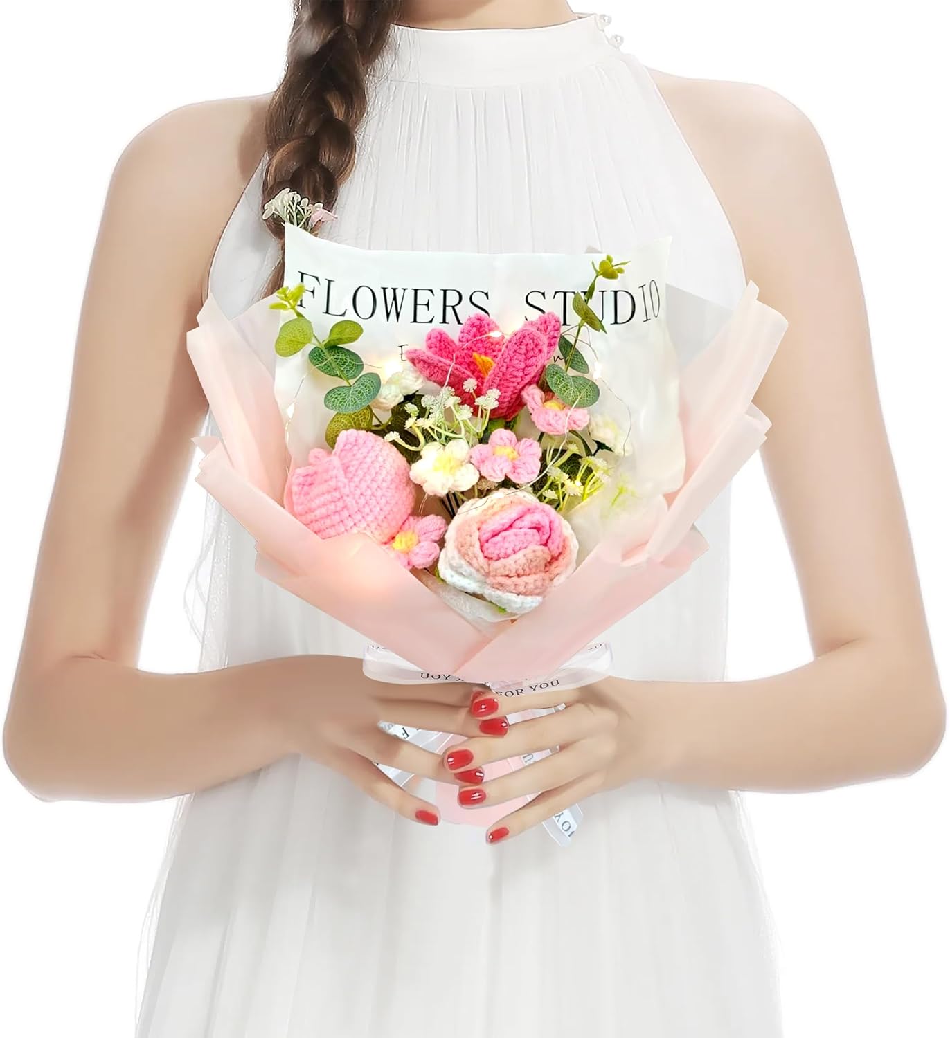 Crochet Flower Bouquet Valentine's Day Pink Crochet Flowers Bouquet, Pink Rose Tulip Handmade Knitted Flowers for Wedding, Birthday, Anniversary, Gift for Women - Image 4