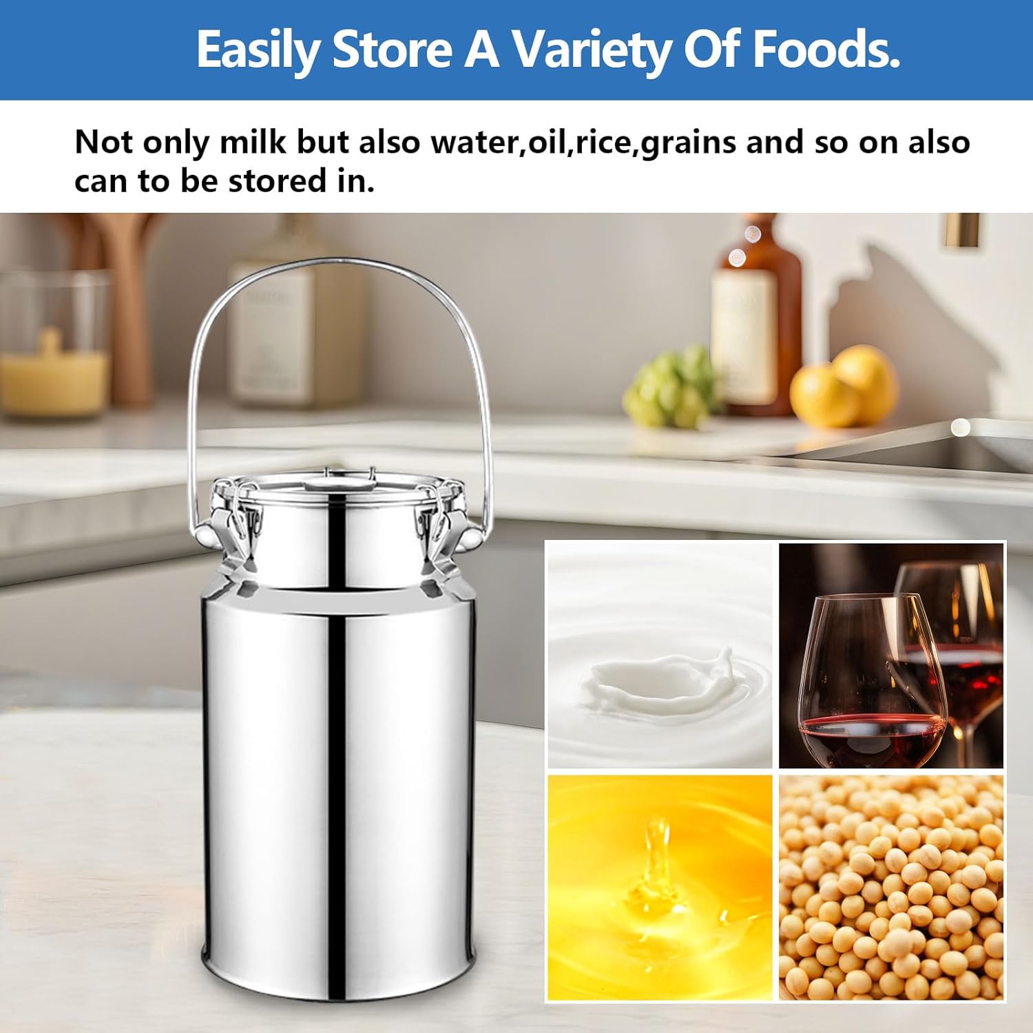 AIZYR Stainless Steel Milk Can, Seal Barrels Milk Jug with Lid and Handle Storage Container Transpor Bucket for Milk Wine Oil Grain,11L 22x30CM