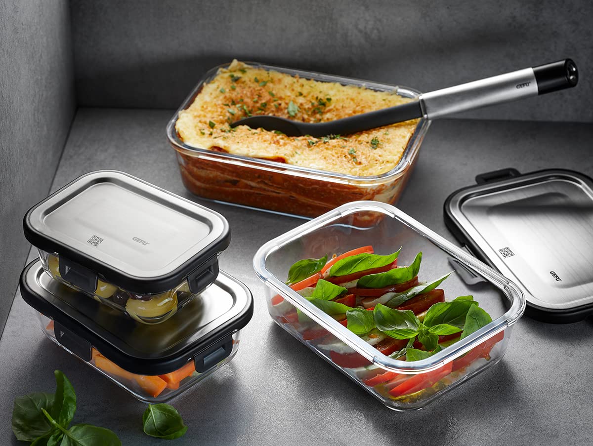 GEFU Set di contenitori salvafreschezza MILO 3 pezzi – intelligente contenitore per il pranzo con freschezza e controllo delle scorte tramite app in vetro con compattazione in silicone e chiusura a