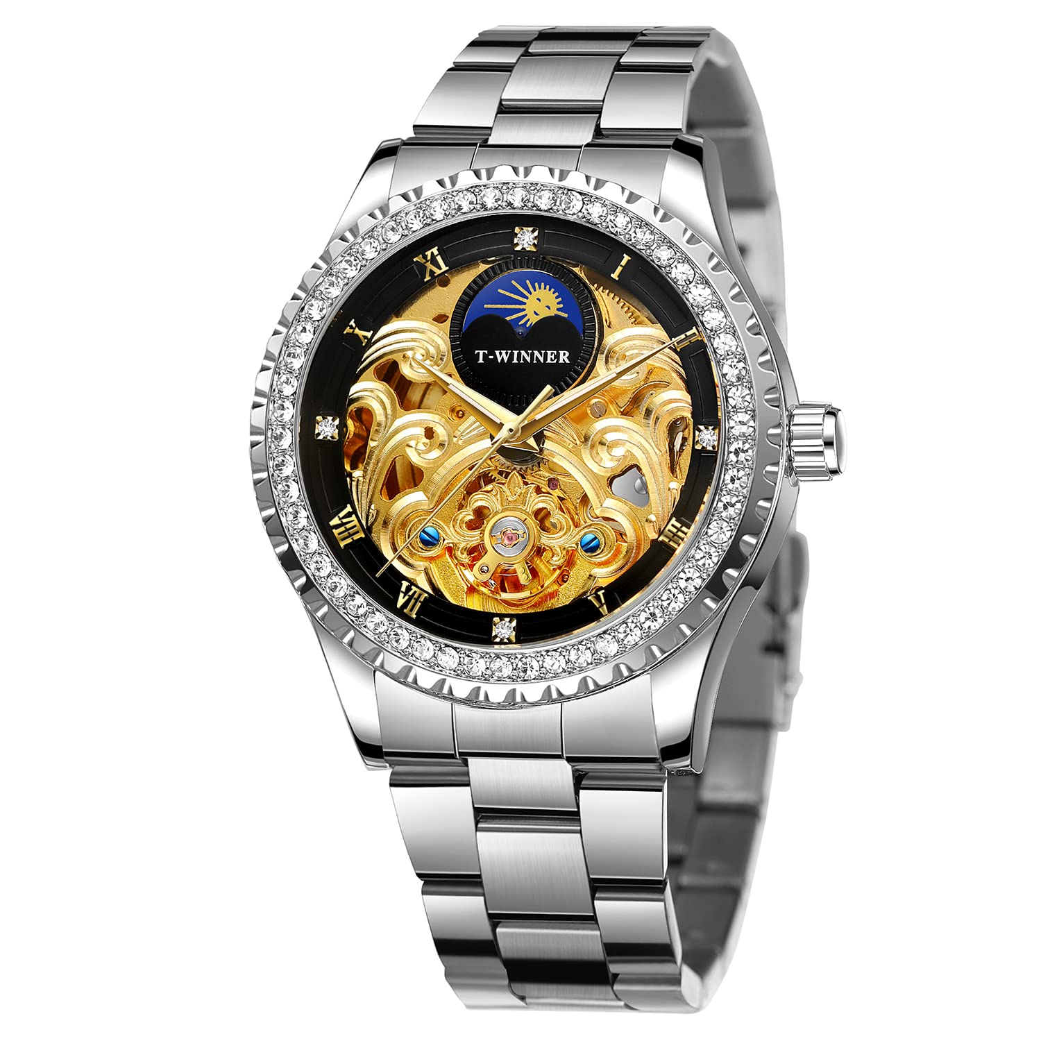 Forsining Orologio da polso automatico automatico a carica automatica della fase lunare con scheletro floreale numero romano diamante quadrante orologio da polso