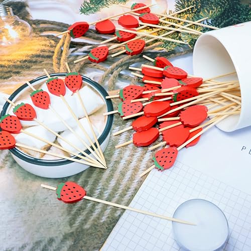 Miniatura 4 de Honbay 100 piezas de palillos de bambú de fresa para cóctel, palillos de frutas divertidos, sándwich, aperitivo, brochetas para decoración de bodas,