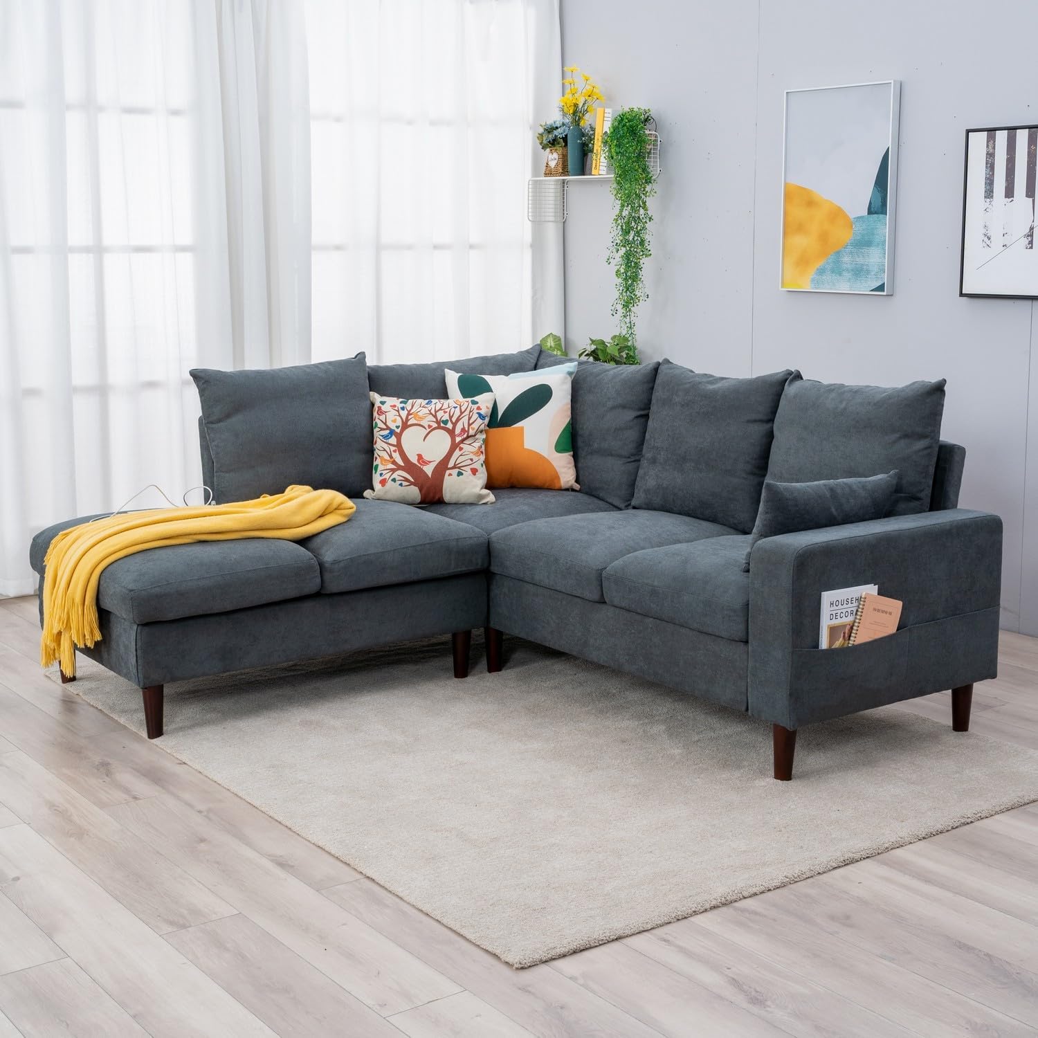 Panana6 Seater Convertible Sectional Sofa L-Shape Sofa Couch Linen Fabric Upholstered for Living Room, Apartment, Office (Grey, 5 Seater with Built-in USB Port Chaise)