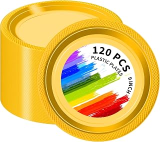 120 PCS Yellow Plastic Plates, 9 Inch Disposable Dinner Plates for Party Heavy Duty Plastic Dinnerware Sets for Wedding Easter Picnic BBQ (Yellow, 9")