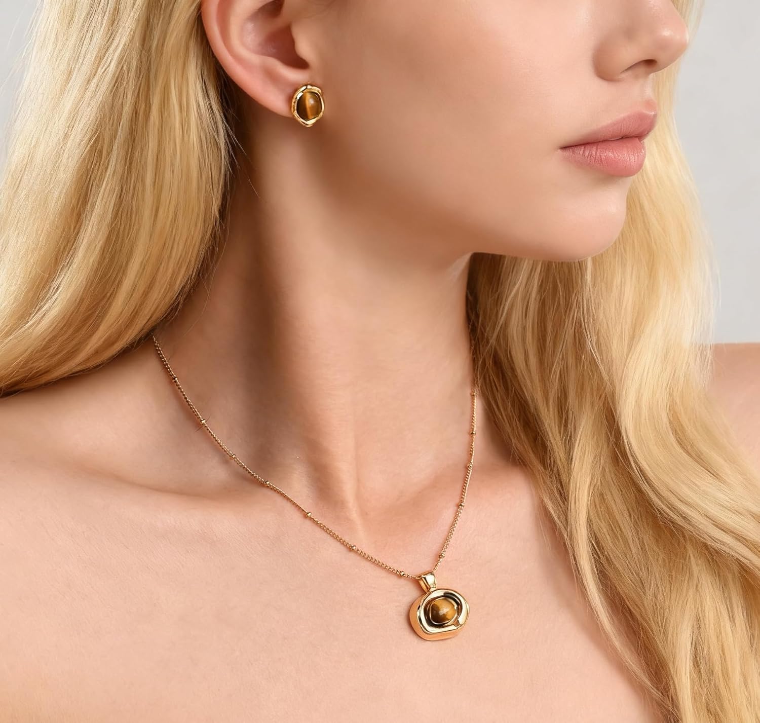 Gold Tigers Eye Stone Necklace Earrings Set for Women Chunky Gemstone Pendent Necklace Prom Wedding Fashion Jewelry Gifts - Image 3