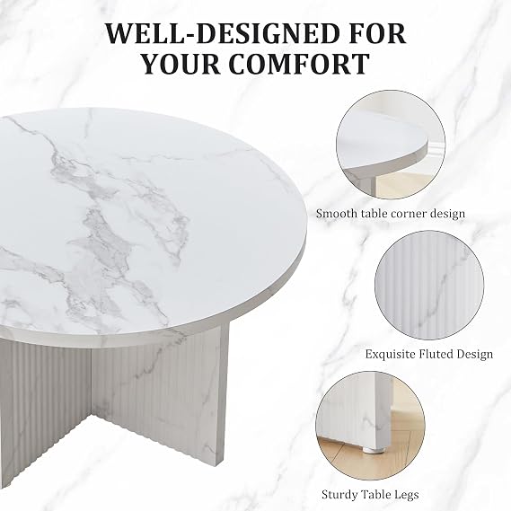 31.5 Round Coffee Table with Marble-Look Pattern Top, Modern Circular Table with Scalloped Fluted Base, Sturdy High-Density MDF Construction for Living Room (White)