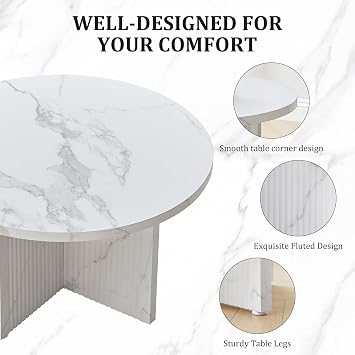 31.5 Round Coffee Table with Marble-Look Pattern Top, Modern Circular Table with Scalloped Fluted Base, Sturdy High-Density MDF Construction for Living Room (White)