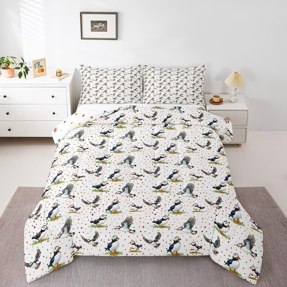 Erosebridal Kids Cartoon Fox Queen Comforter Set for Boys Girls, Cute Wild Animals Print Bedding Set, Watercolor Fox Bedding Comforter Sets, Rustic Country Animal Bed Sets, White Green Orange