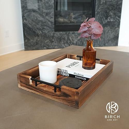 Miniatura 3 de Bandejas de bambú natural para servir modernas bandejas decorativas Otman con asas de metal, perfectas para sala de estar, dormitorio, entrada y