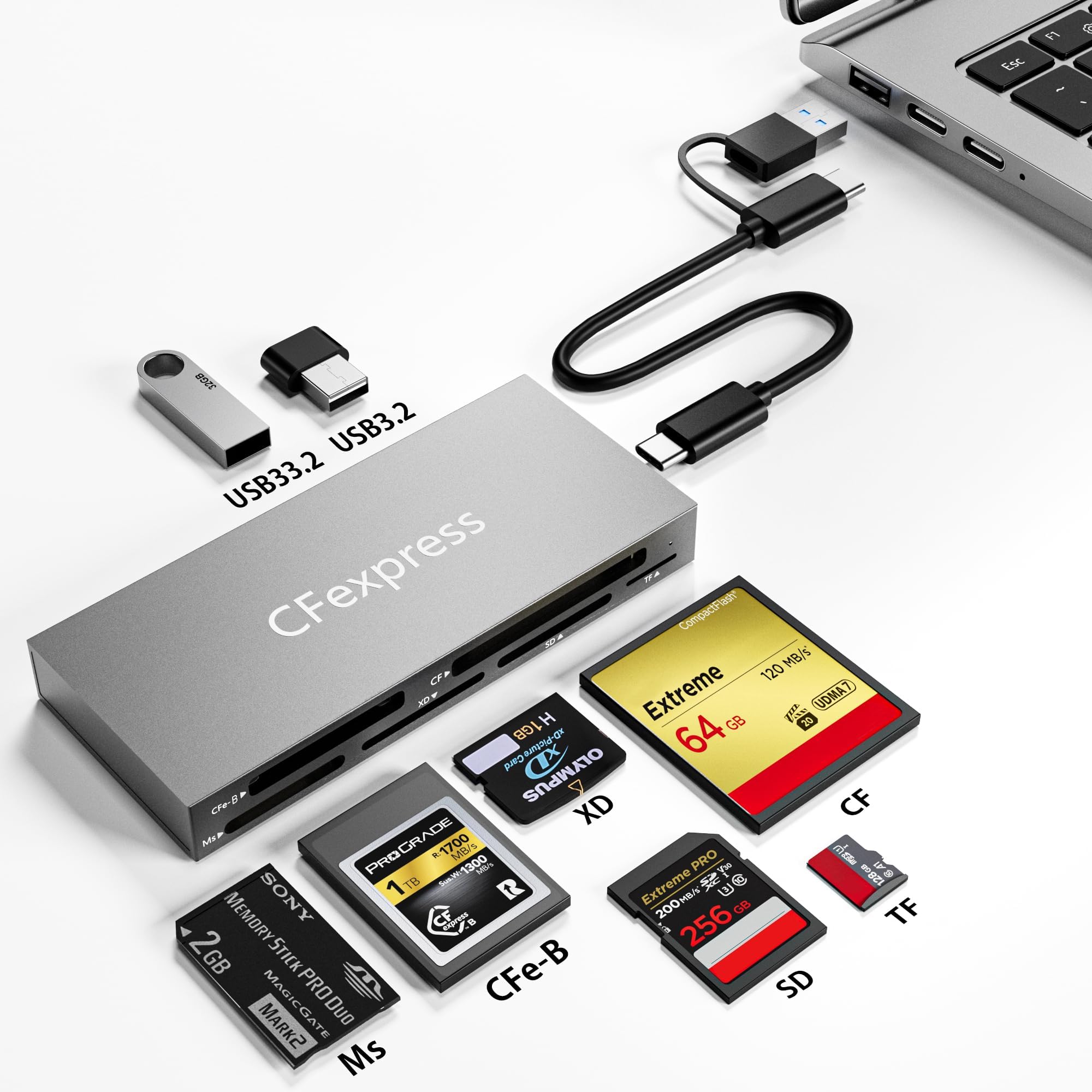 - 8 in 1 CFexpress Type B Card Reader with 2 USB3.2 (Gen 2) 10Gbps, USB-C&USB-A 2-in-1 Type B CF Express Card Reader Hub for CFexpress Type B/SD/TF/CF/XD/MS/USB, Multi Reader Read 8 ports Simultaneously