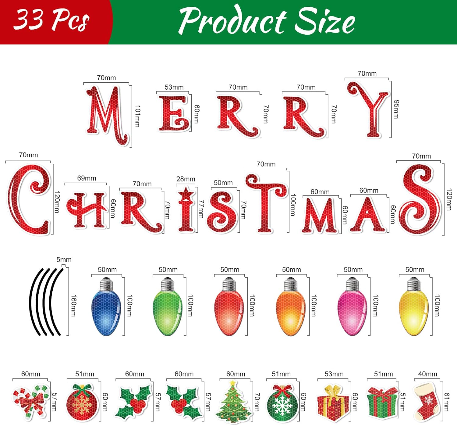Blulu Magnets Decor Reflective Car Decorations Xmas Magnetic Stickers Christmas Garage Door Decals Light Bulb Santa for Car Garage Door Refrigerator Holiday Party Decor(Christmas,33 Pcs)
